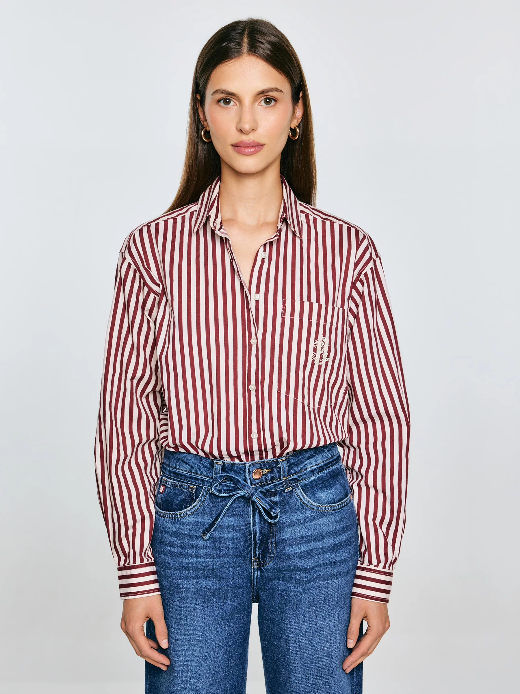 Koszula damska luźna w paski bordowo-kremowe Tina 604
