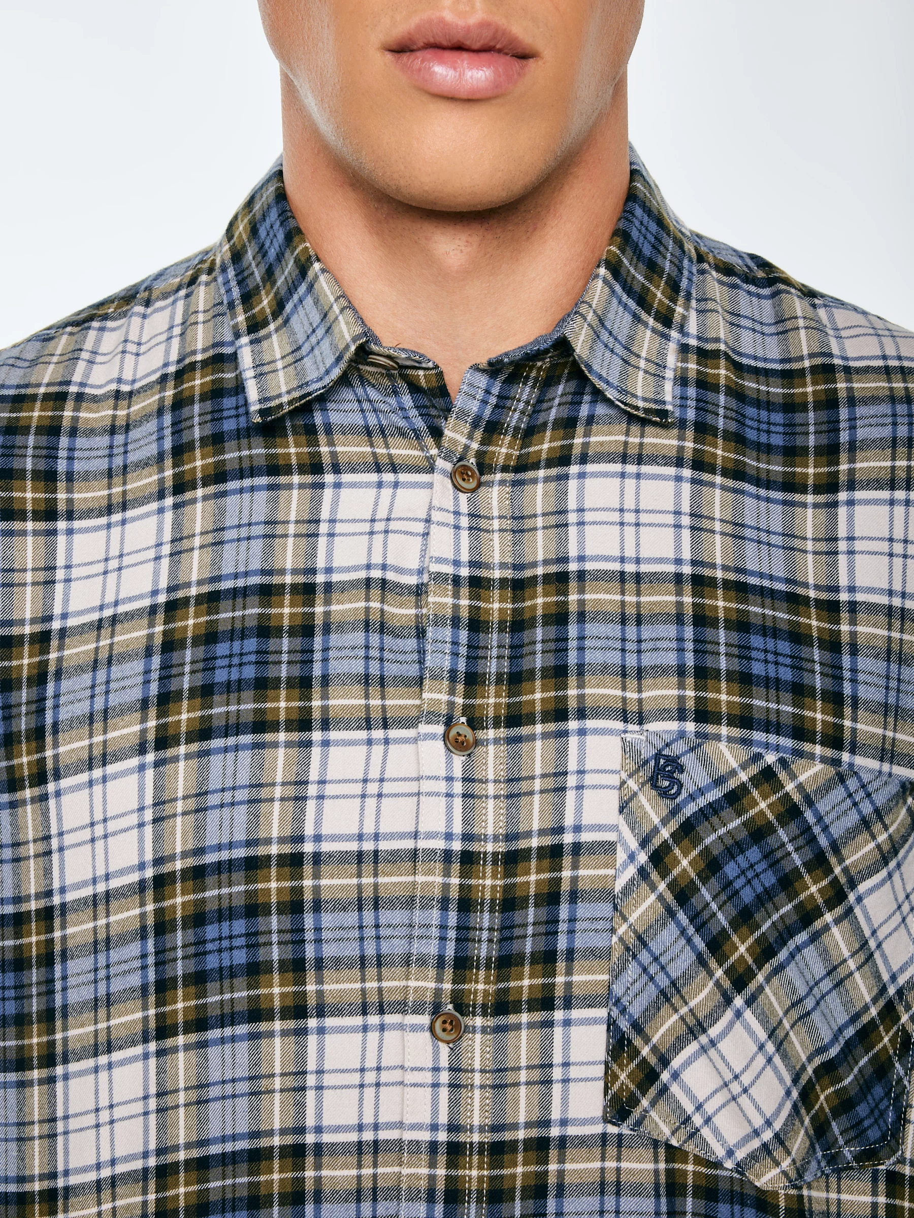Koszula męska flanelowa w kratę niebiesko-beżowa Koner 401