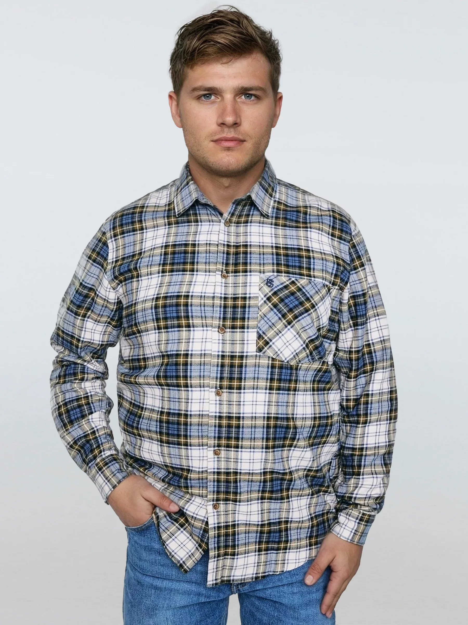 Koszula męska flanelowa w kratę niebiesko-beżowa Koner 401