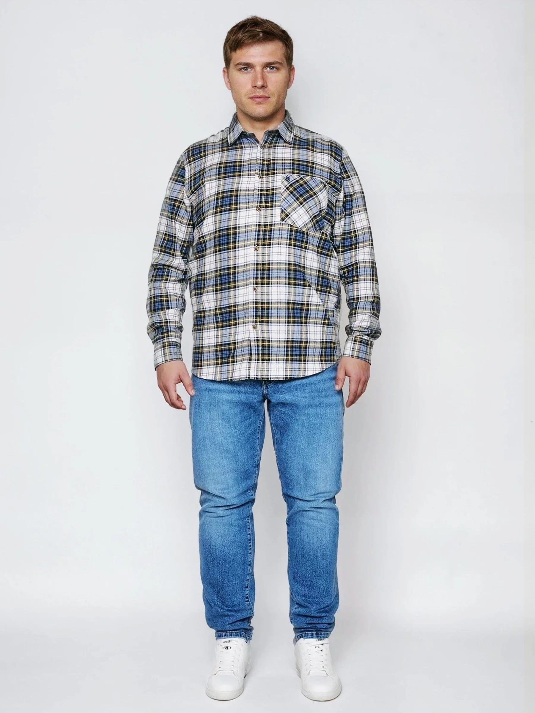 Koszula męska flanelowa w kratę niebiesko-beżowa Koner 401