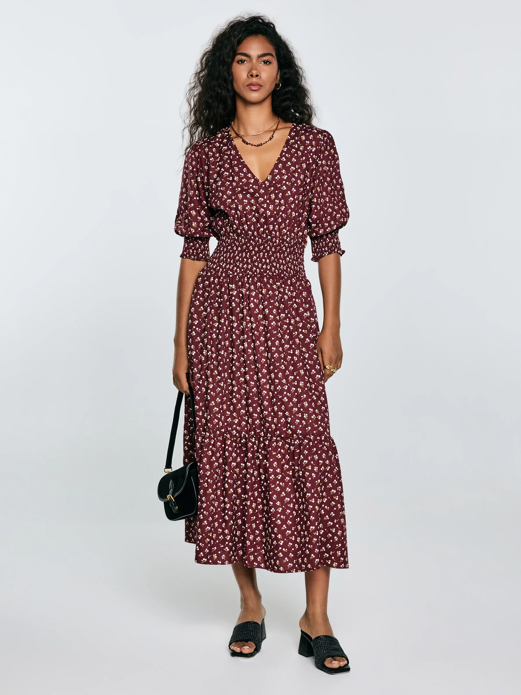 Sukienka damska midi z wiskozy z motywem kwiatowym bordowa Sheri 604