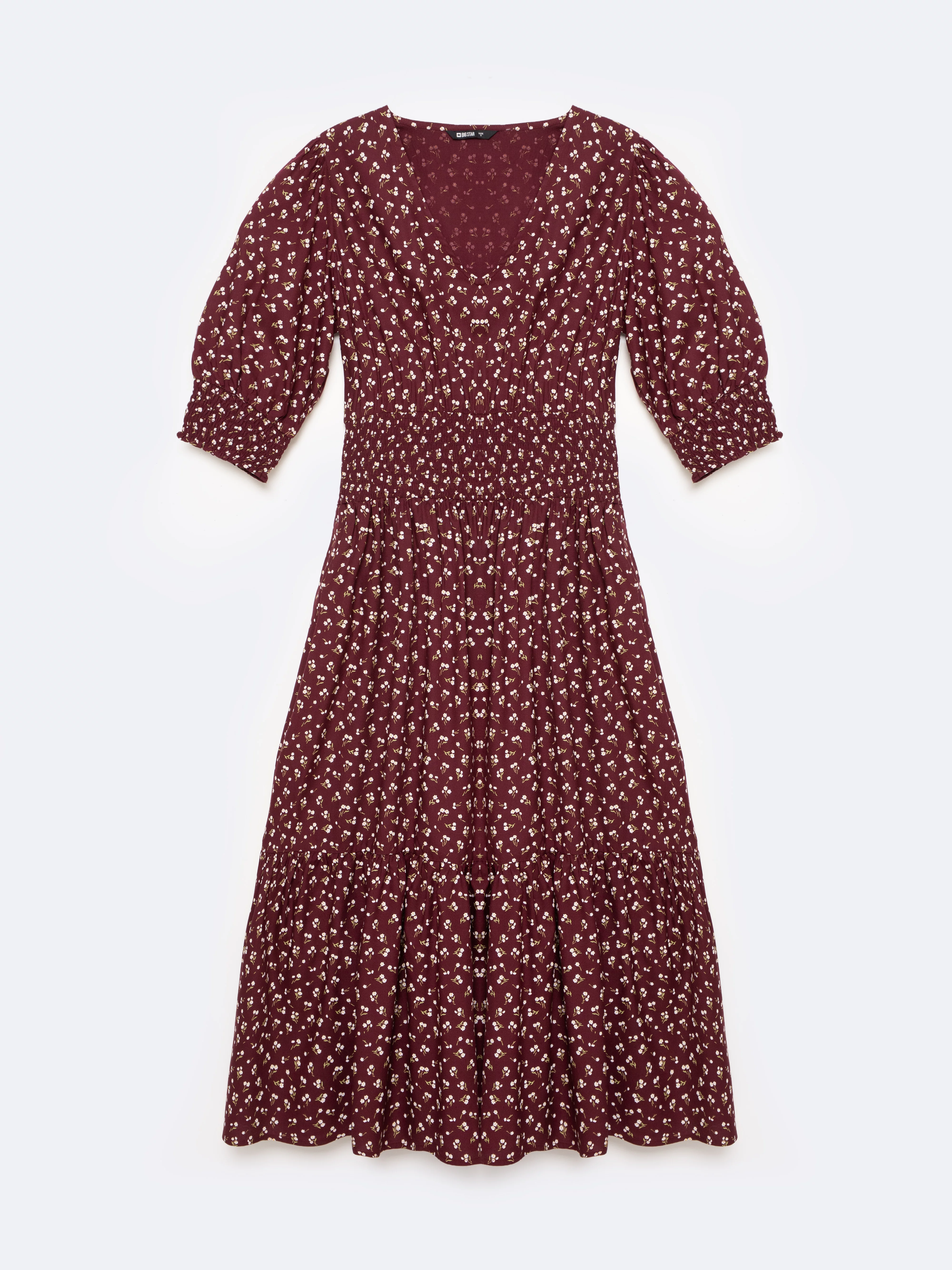 Sukienka damska midi z wiskozy z motywem kwiatowym bordowa Sheri 604