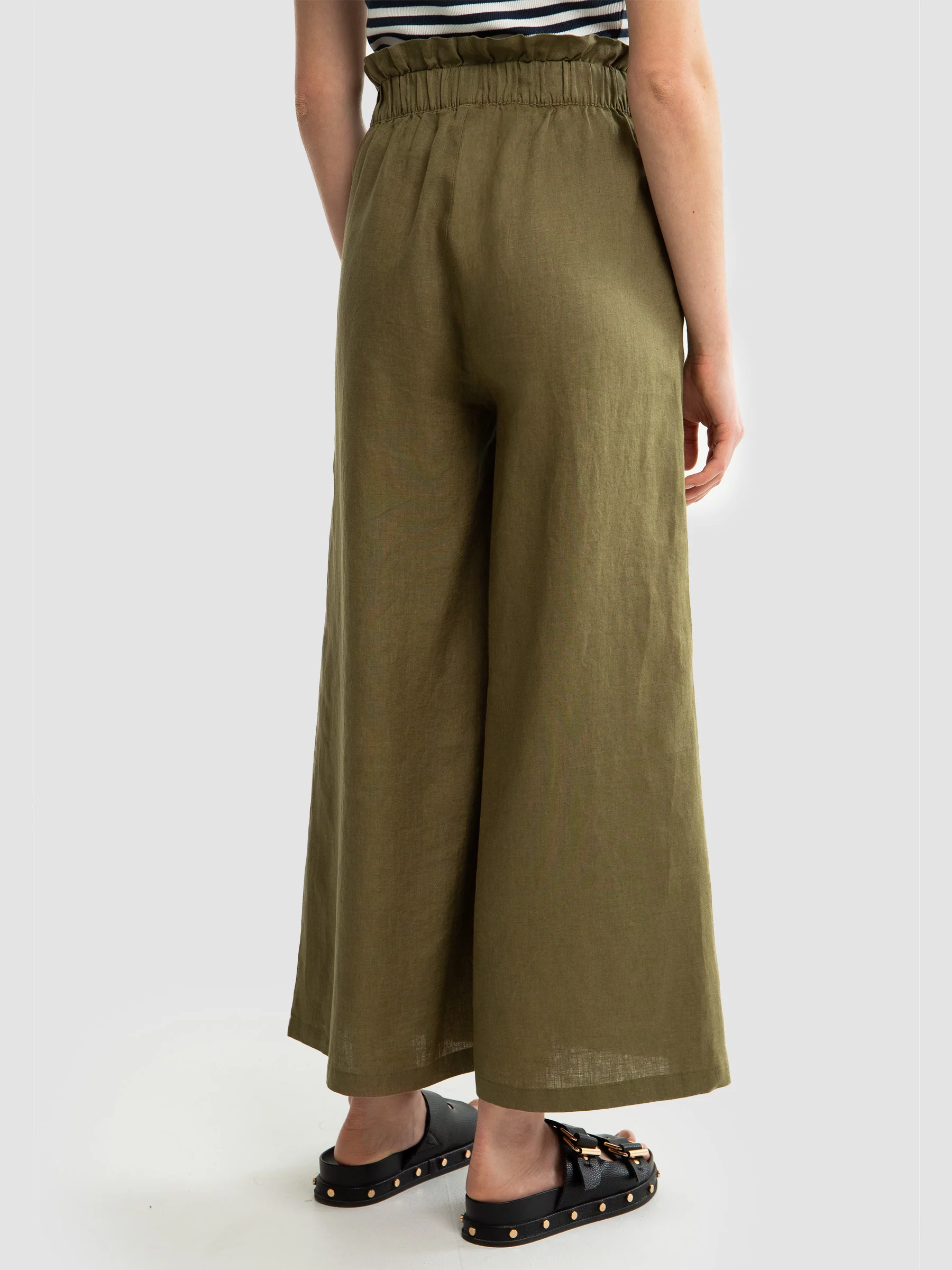 Spodnie damskie lniane z szeroką nogawką paperbag khaki Dorona 303