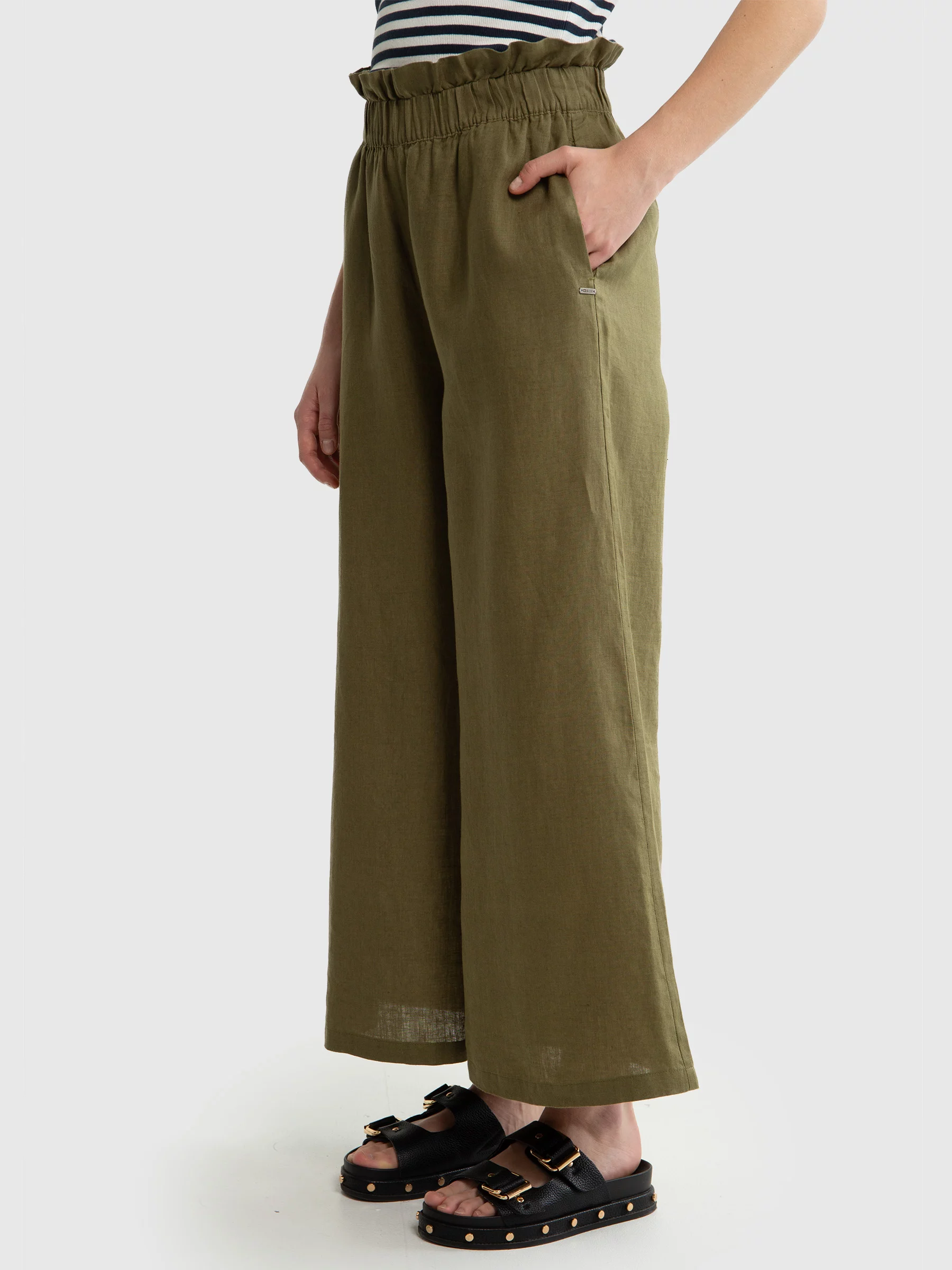 Spodnie damskie lniane z szeroką nogawką paperbag khaki Dorona 303