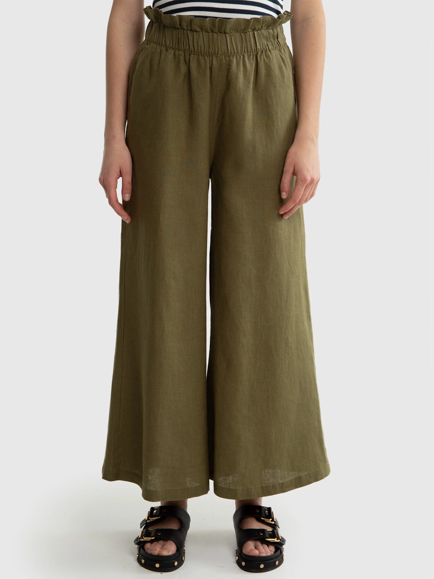 Spodnie damskie lniane z szeroką nogawką paperbag khaki Dorona 303