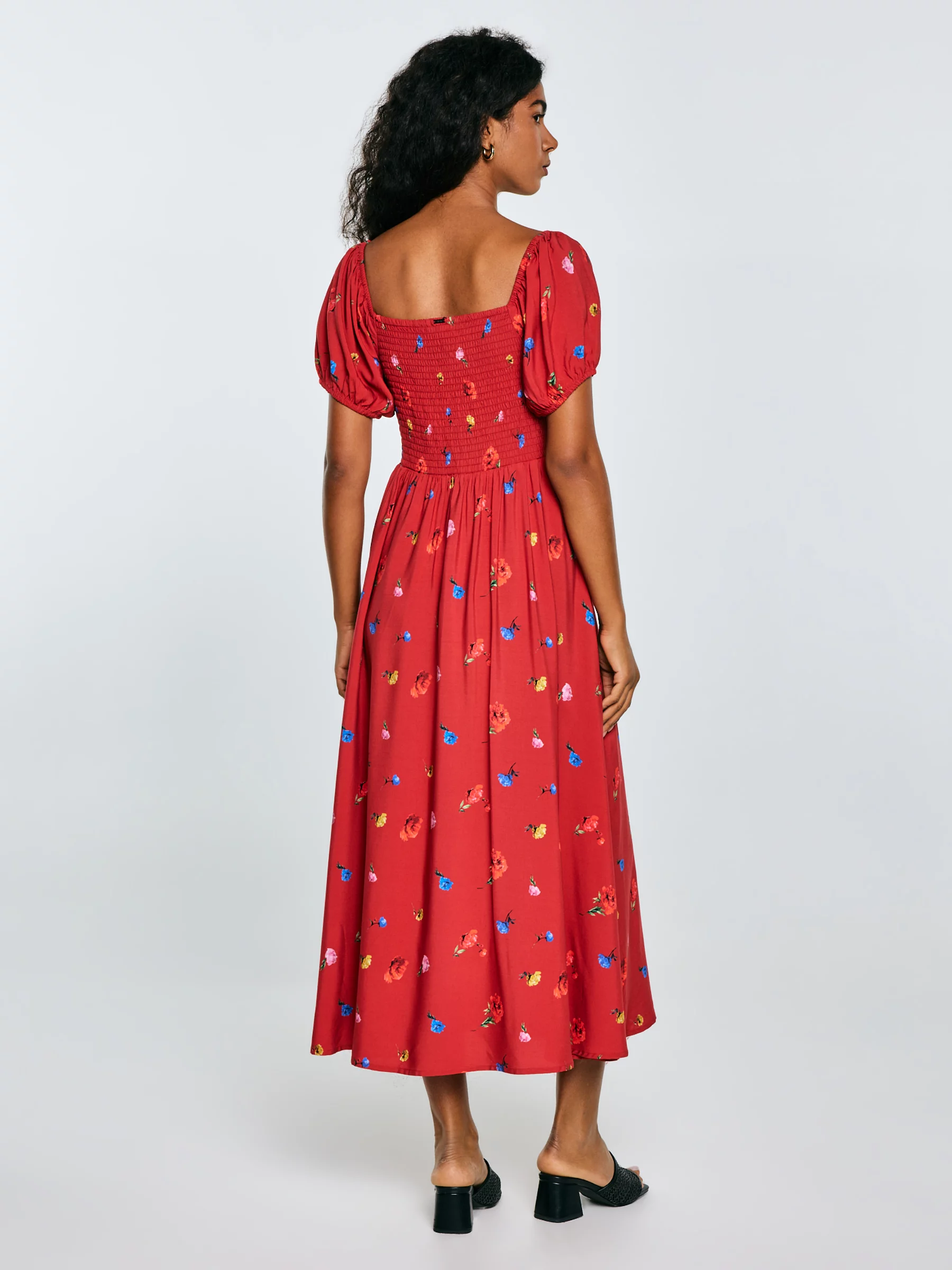 Sukienka damska midi z motywem kwiatowym czerwona Roksi 603