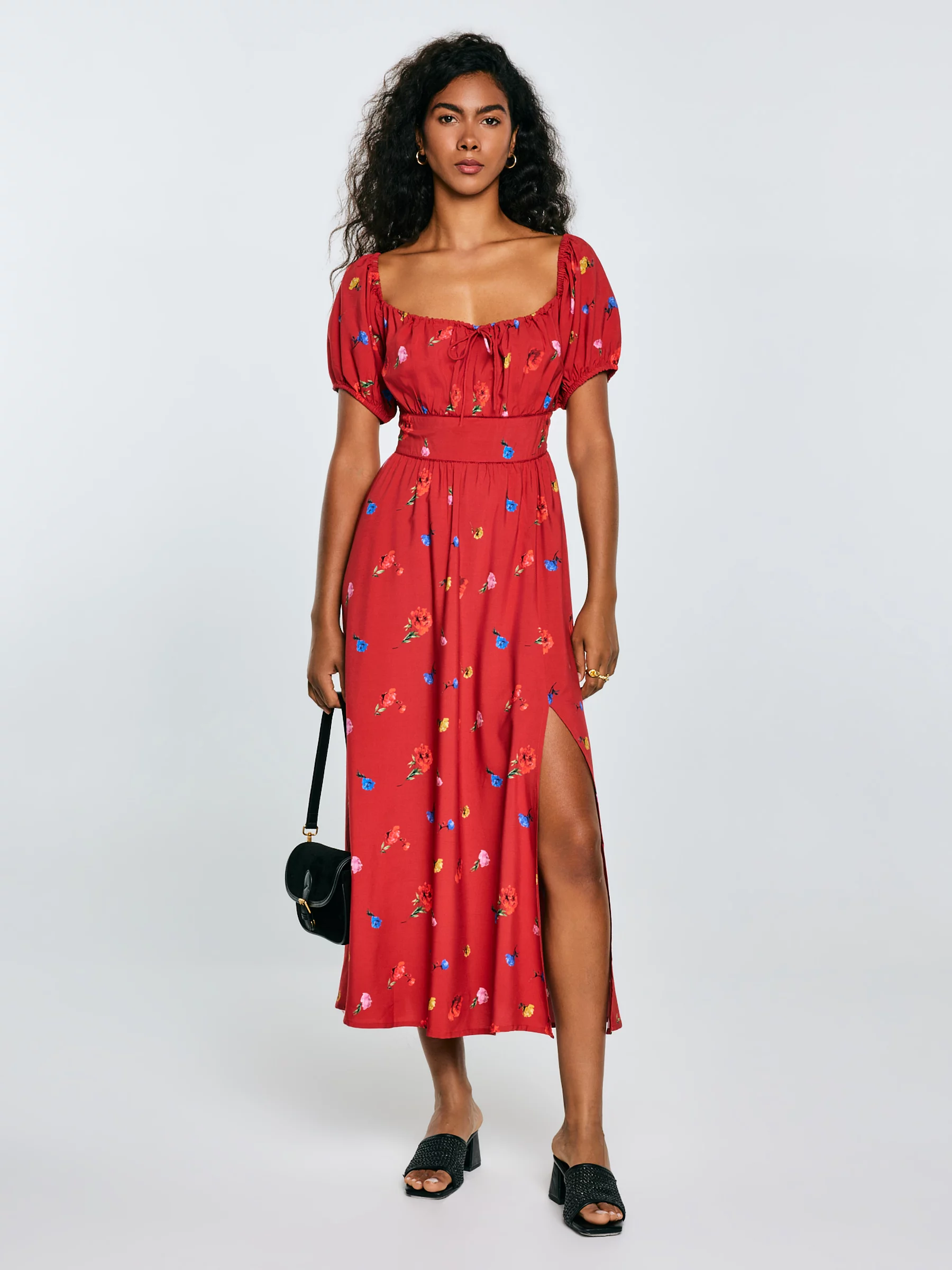 Sukienka damska midi z motywem kwiatowym czerwona Roksi 603