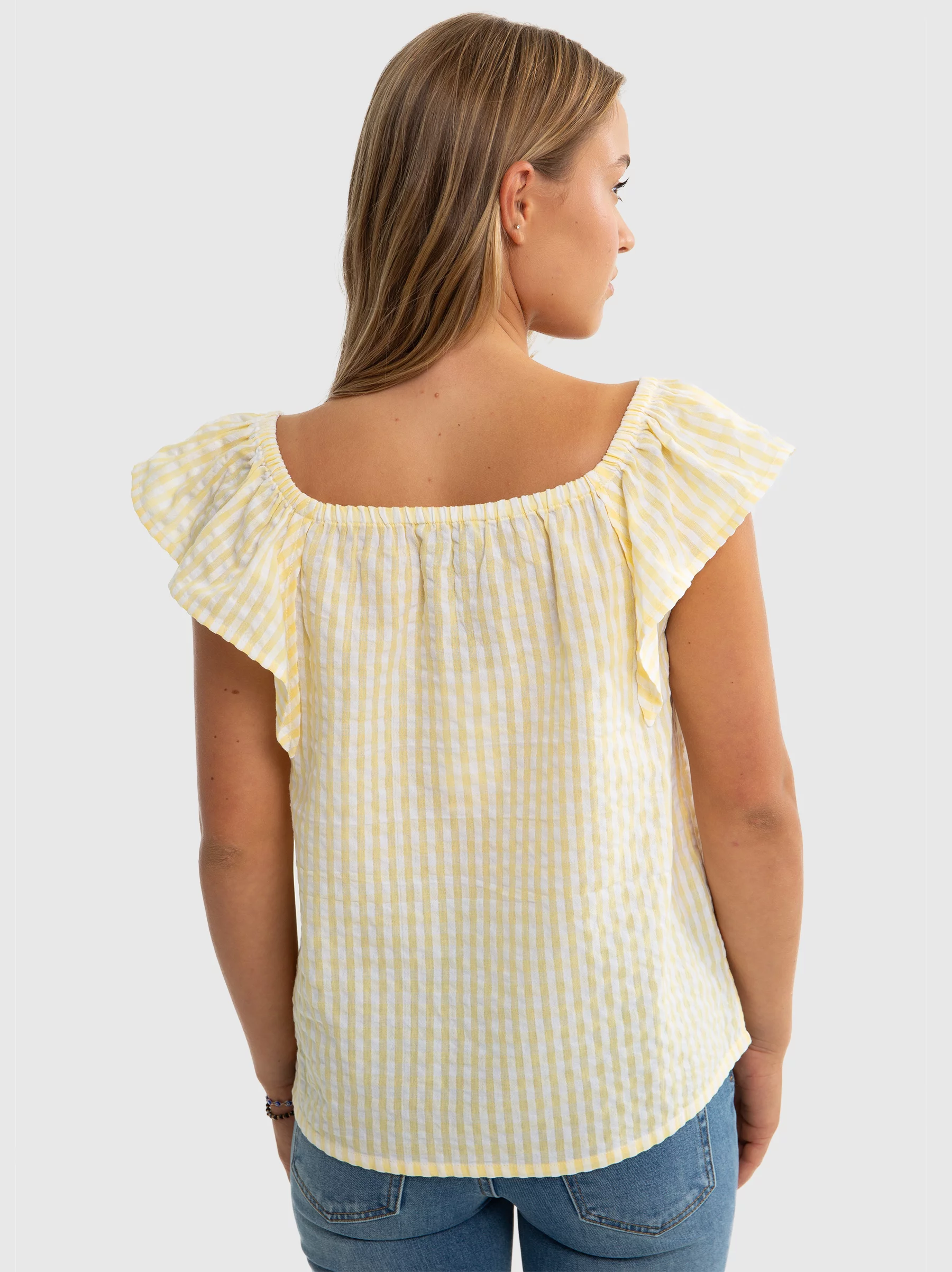 Bluzka dziewczęca ze strukturalnej tkaniny w kratkę żółta Kinga 200