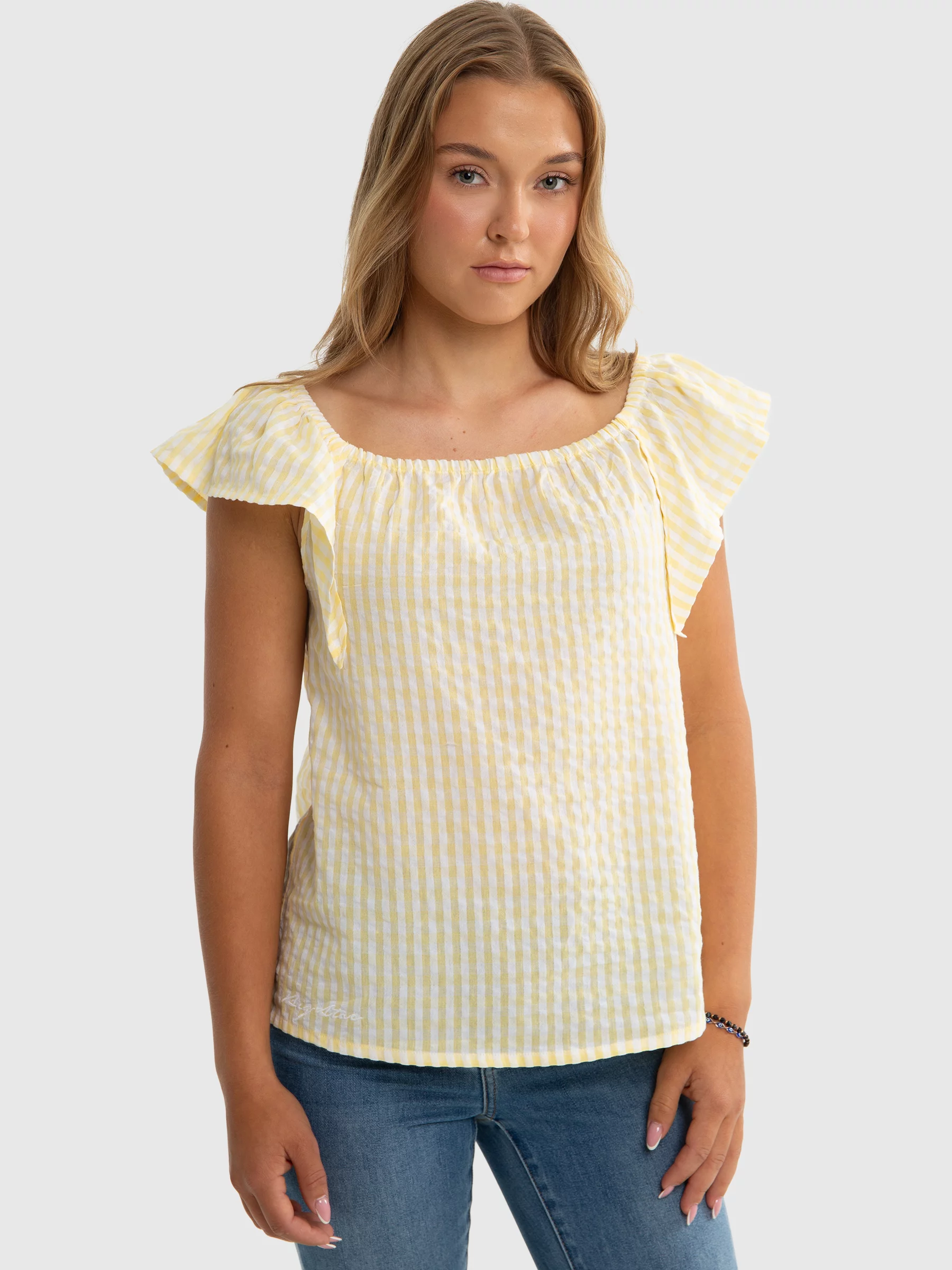 Bluzka dziewczęca ze strukturalnej tkaniny w kratkę żółta Kinga 200