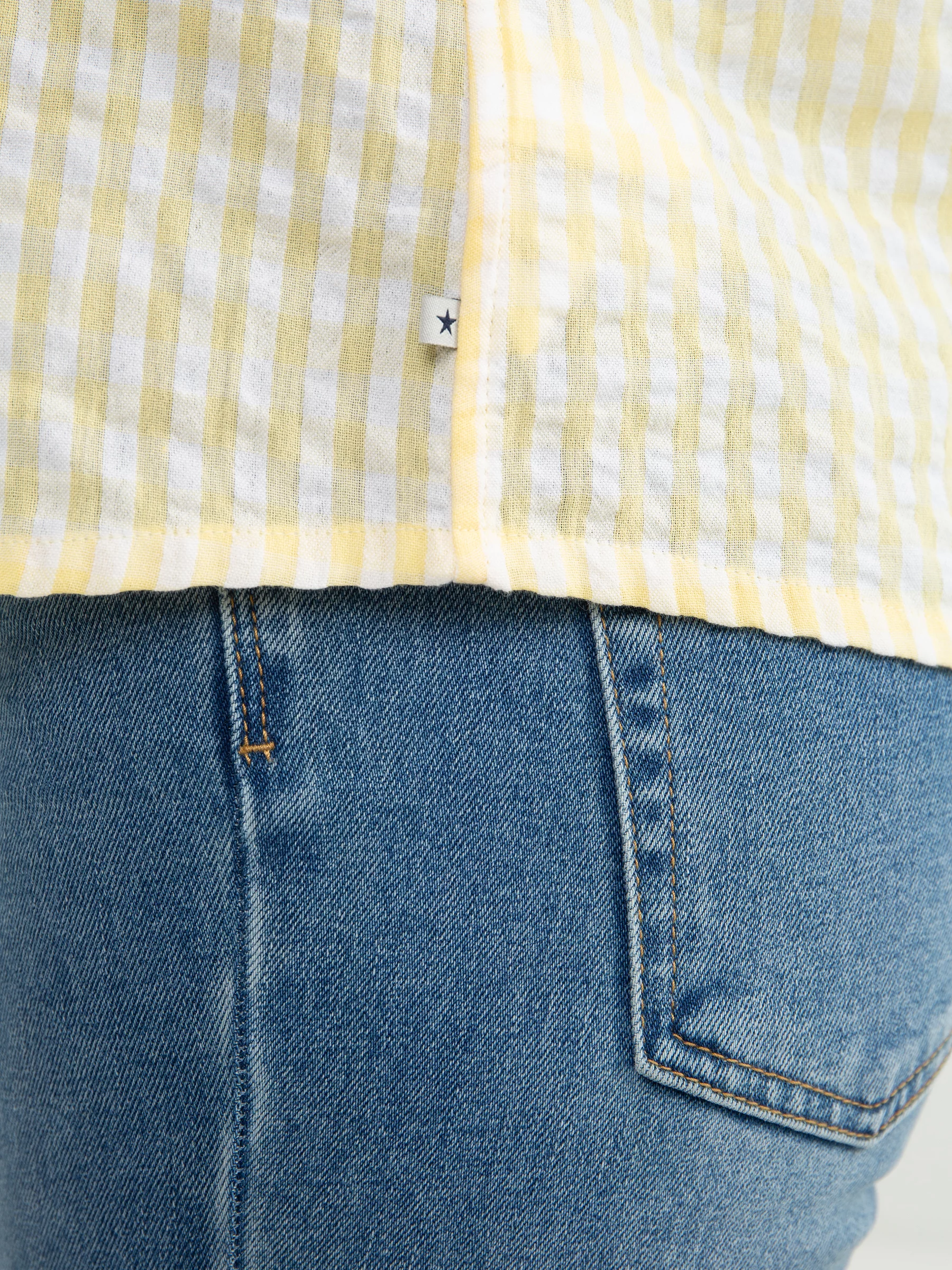 Bluzka dziewczęca ze strukturalnej tkaniny w kratkę żółta Kinga 200