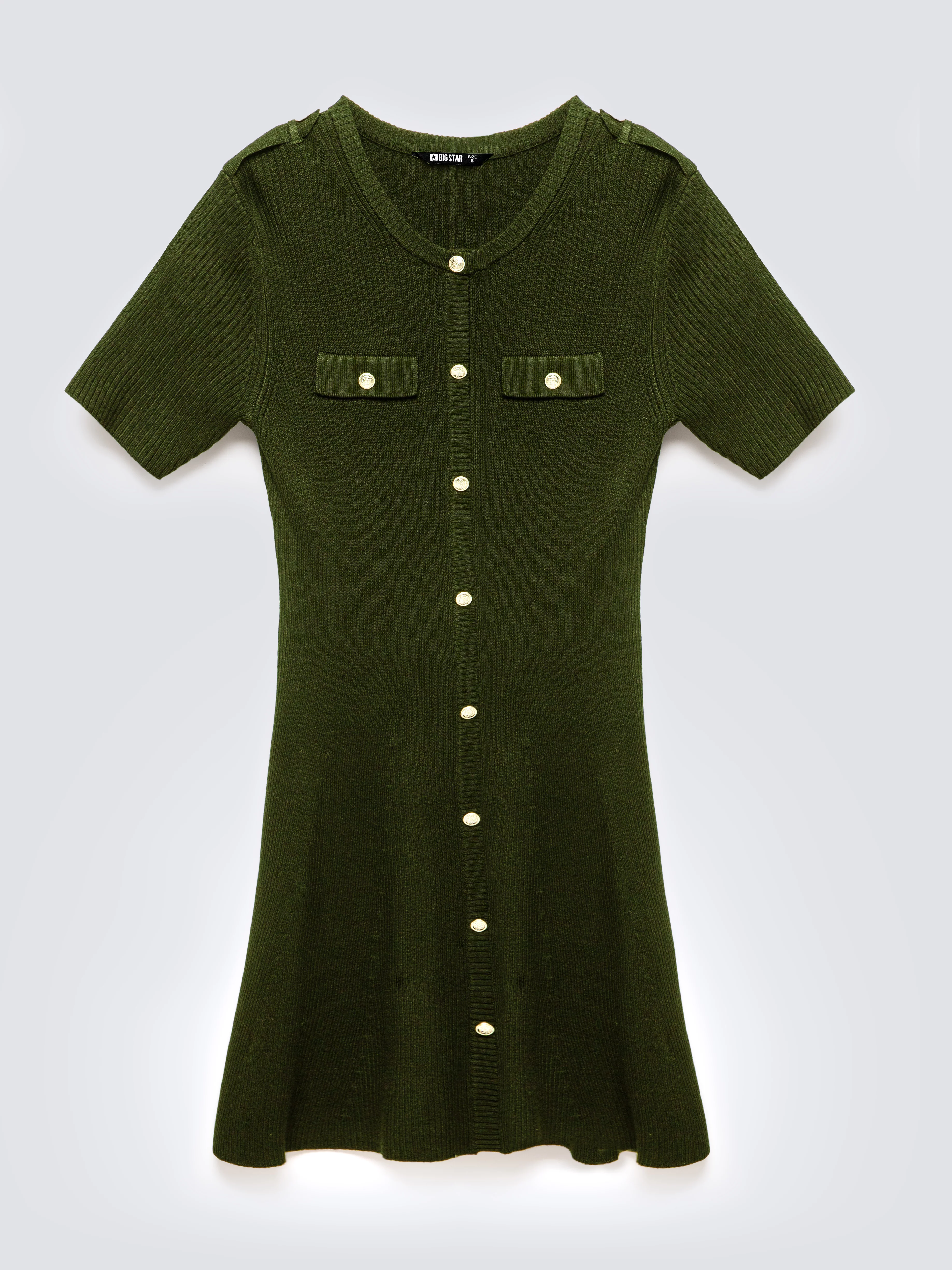 Sukienka damska mini z wiskozy z ozdobnymi guzikami khaki Dilara 303