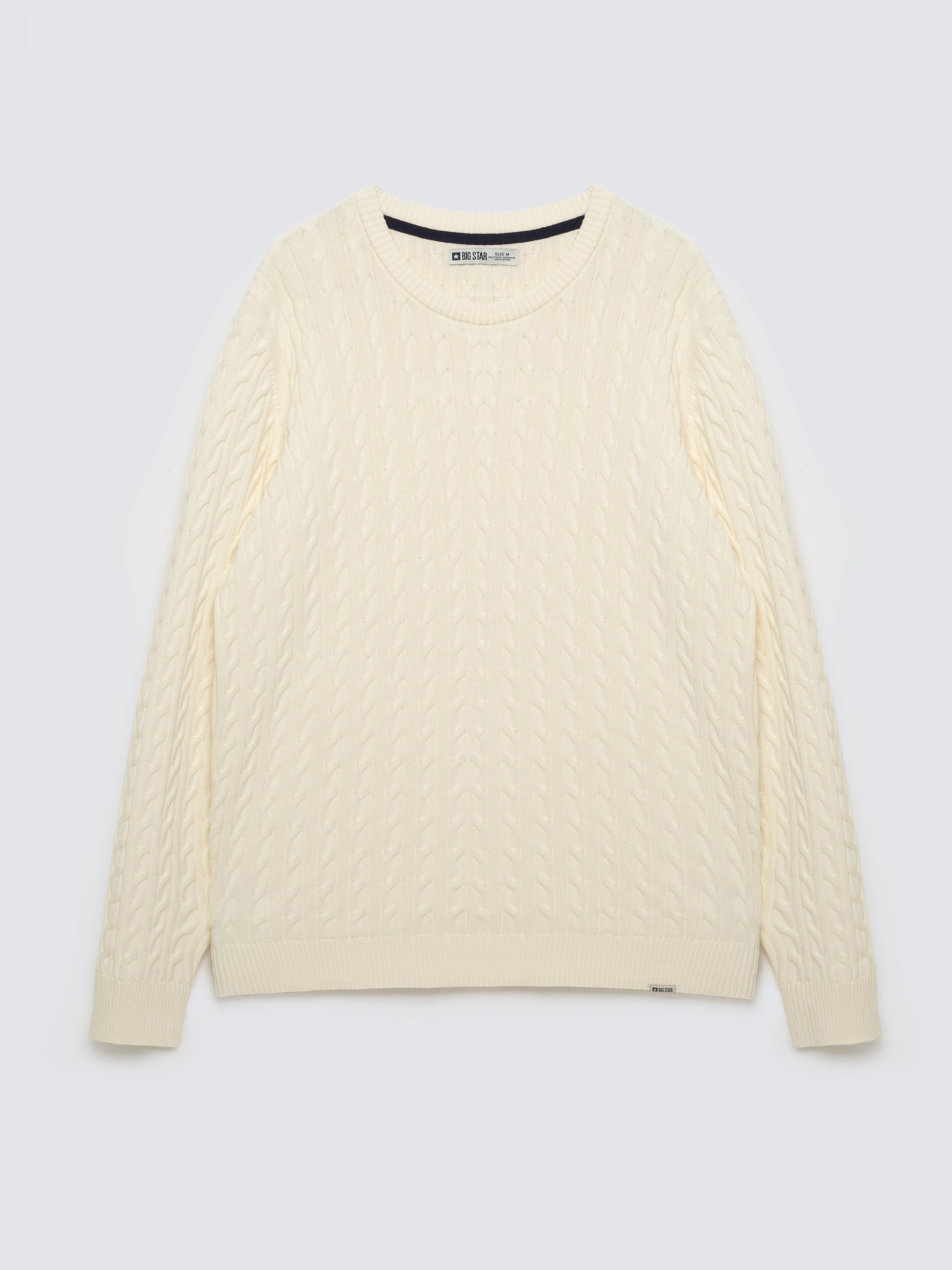 Sweter męski ze splotem warkoczowym i haftem kremowy Niser 100