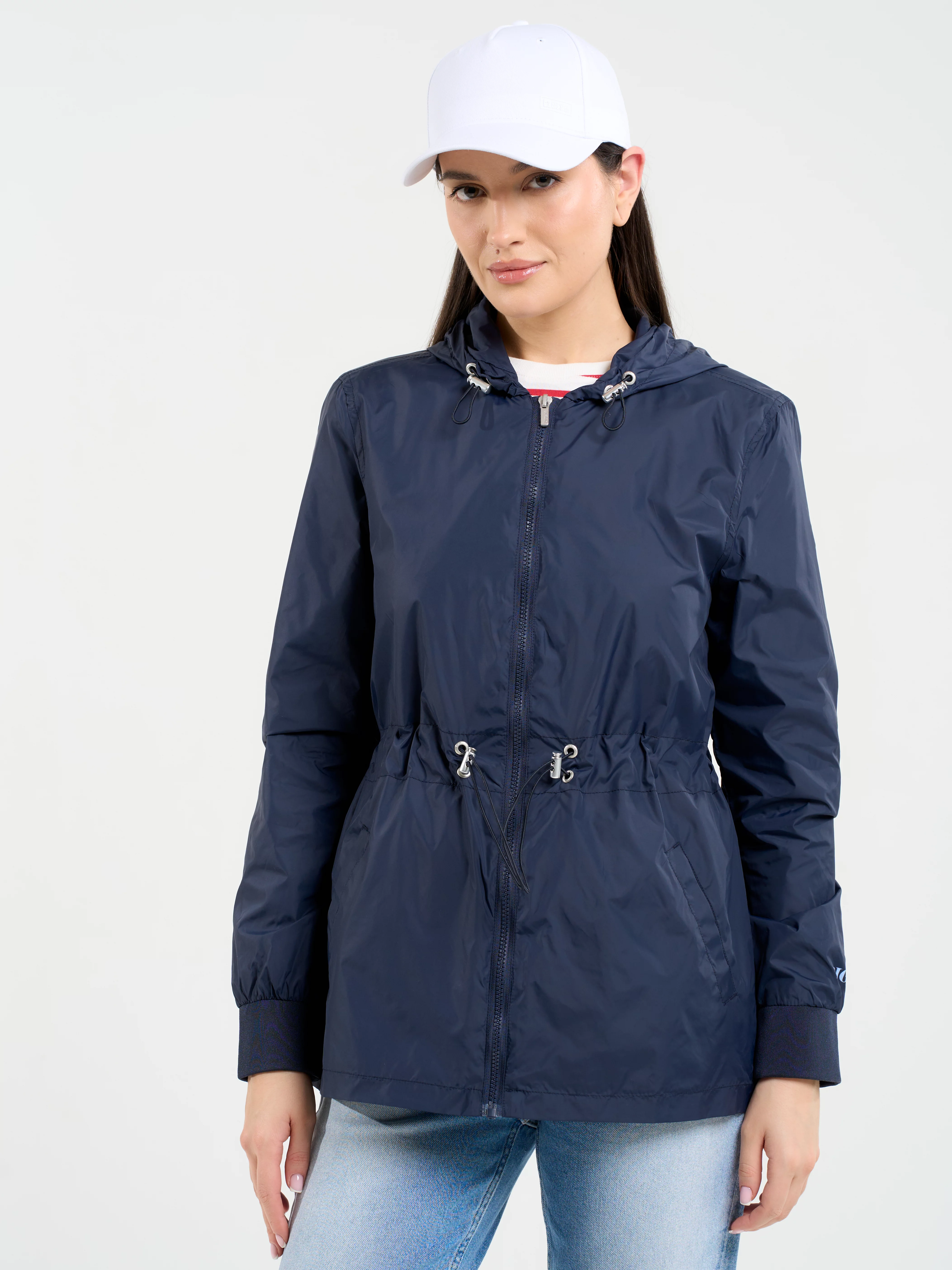 Kurtka damska z regulacją w tali z kapturem granatowa Mira 403