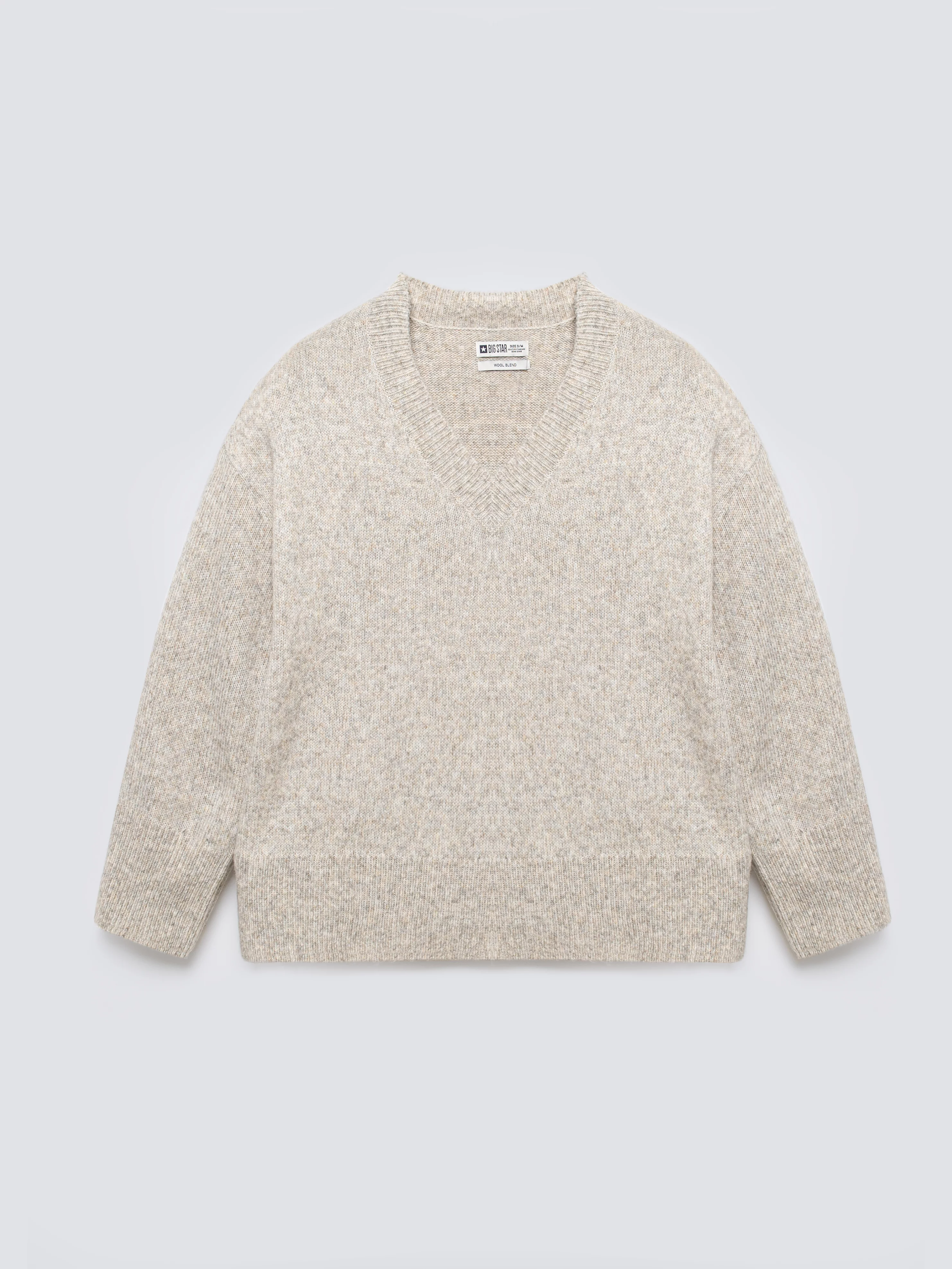 Sweter damski v-neck oversize z dodatkiem wełny beżowy Violina 801