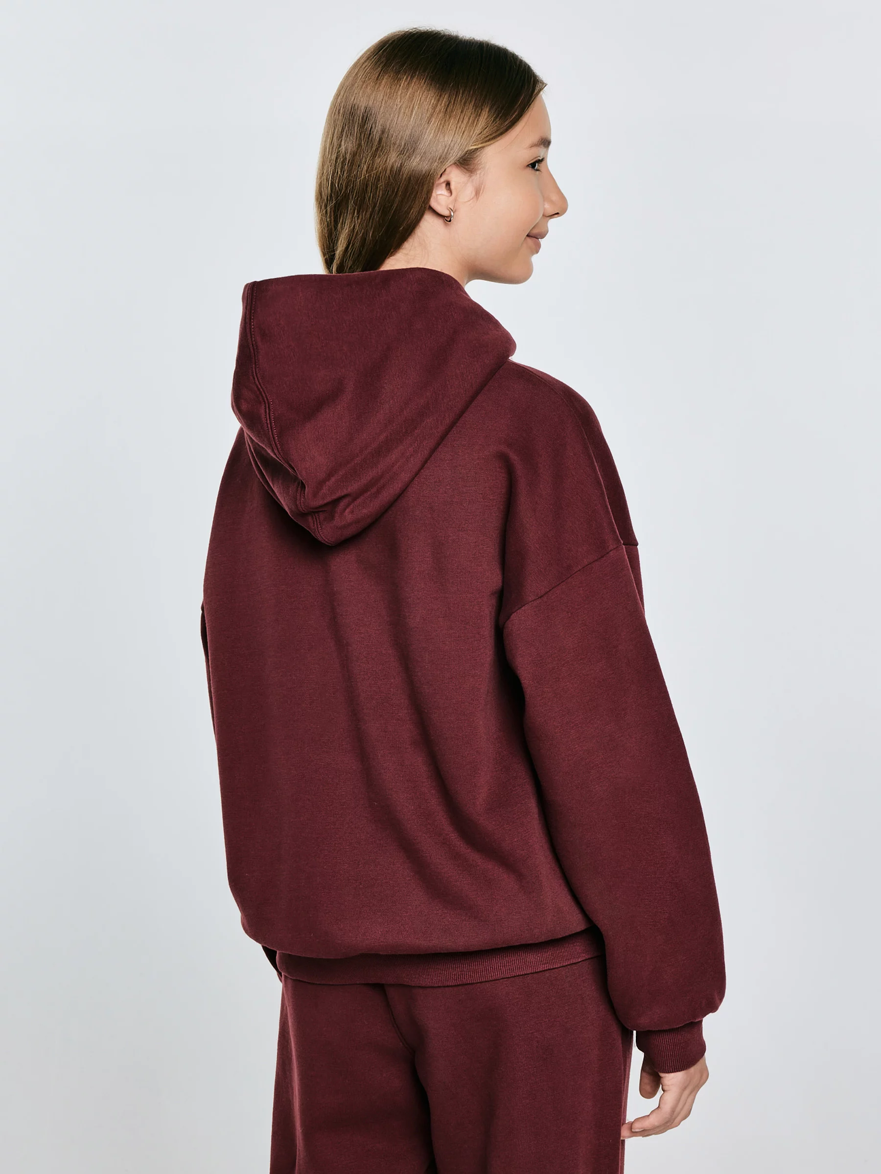 Bluza dziewczęca z kapturem z nadrukiem bordowa Rubilia 604