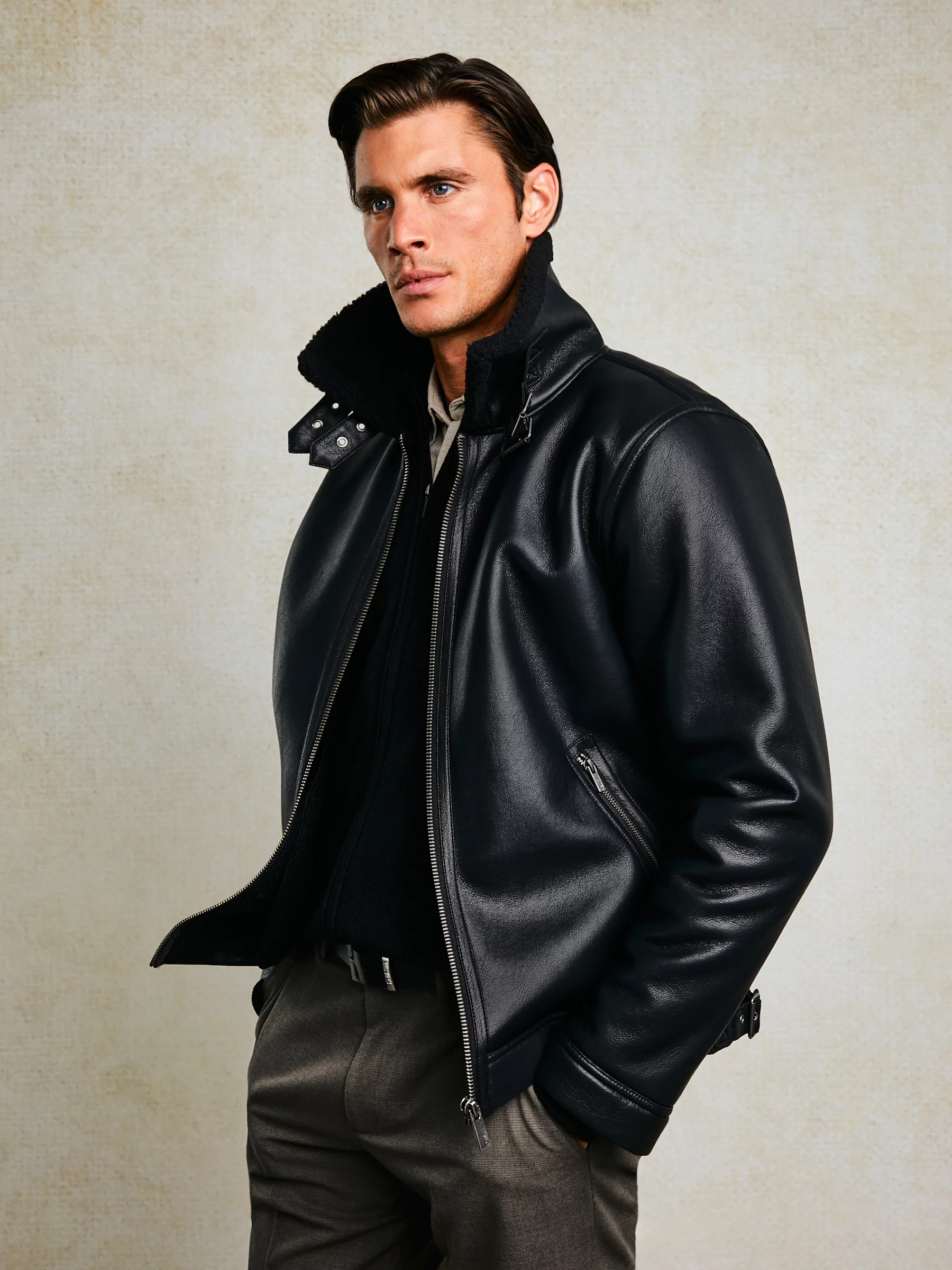 Kurtka męska pilotka z kołnierzem ze skóry ekologicznej czarna Nimo 906