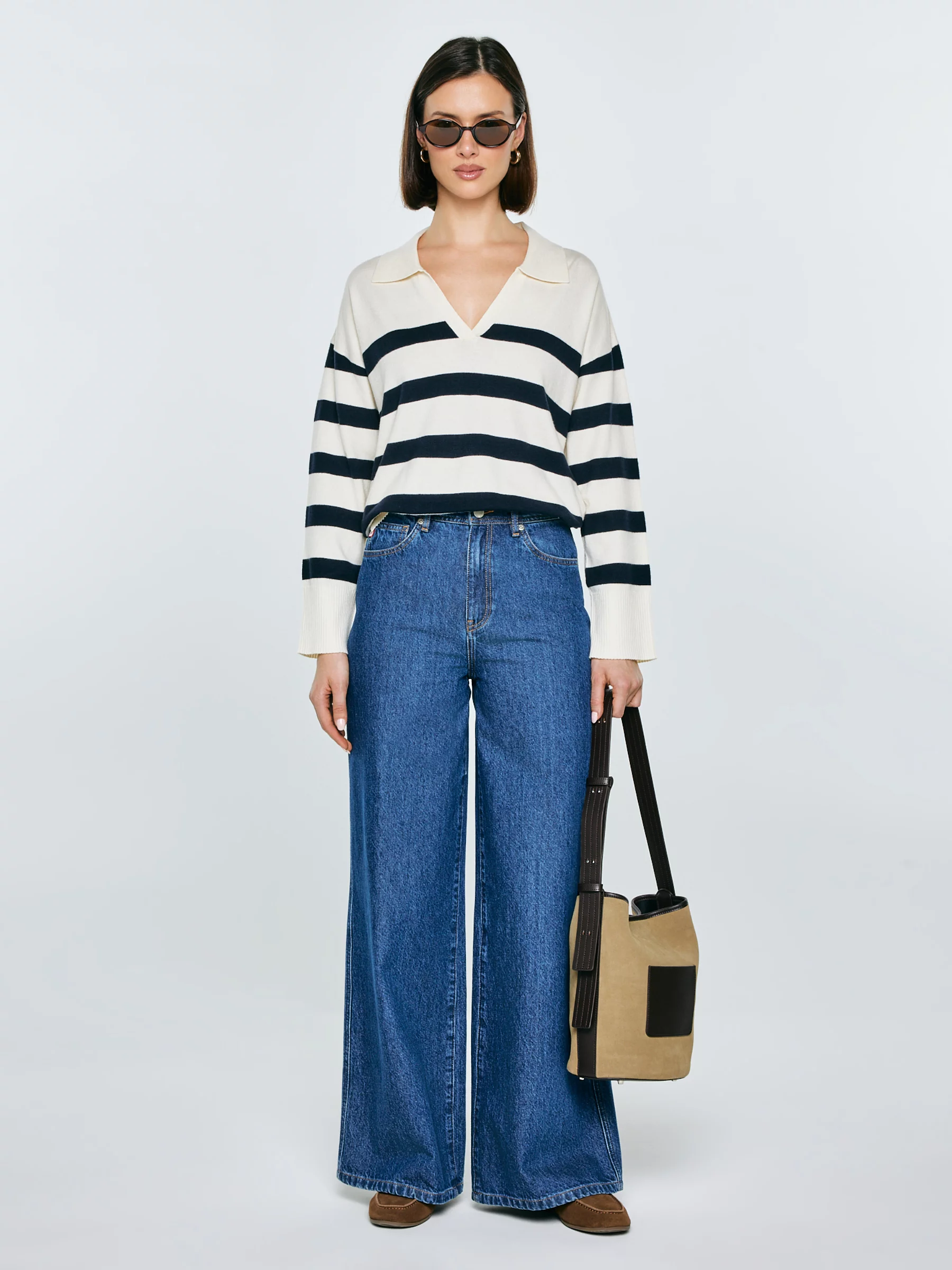 Sweter damski polo w pasy kremowo-czarne Alina 100