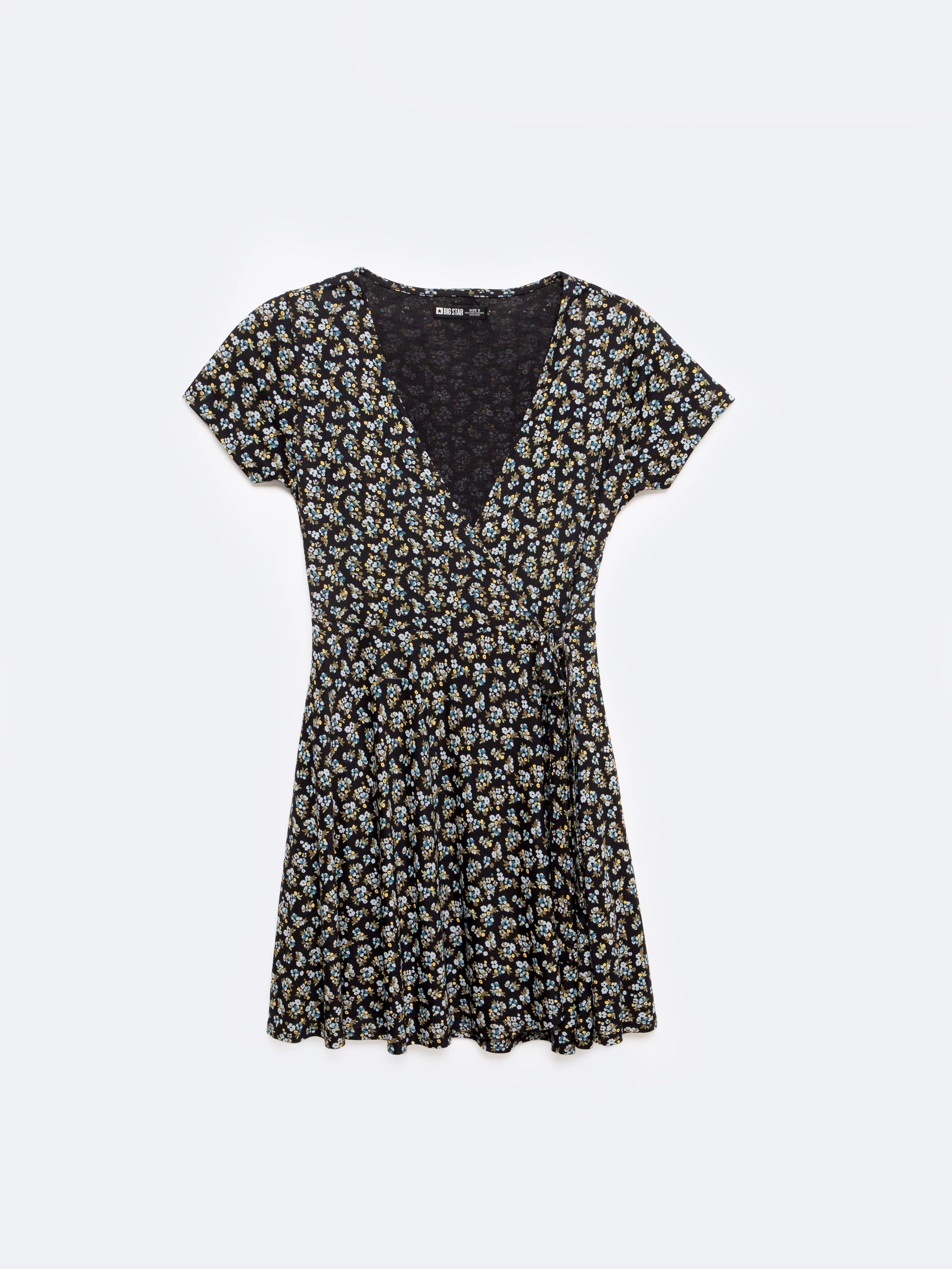 Sukienka damska mini kopertowa z motywem kwiatowym czarna Rihatana 906