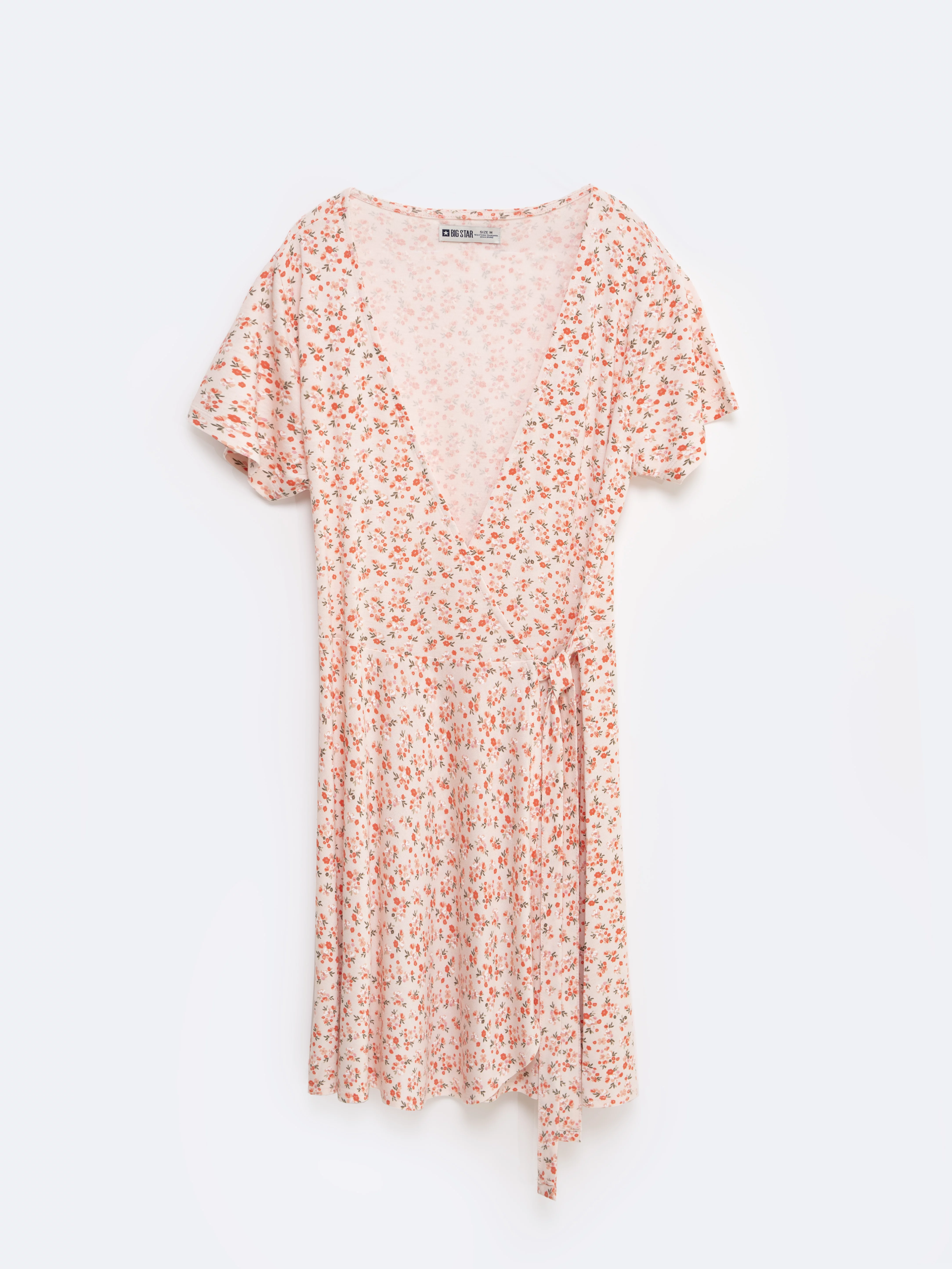 Sukienka damska mini kopertowa z motywem kwiatowym różowa Rihatana 601