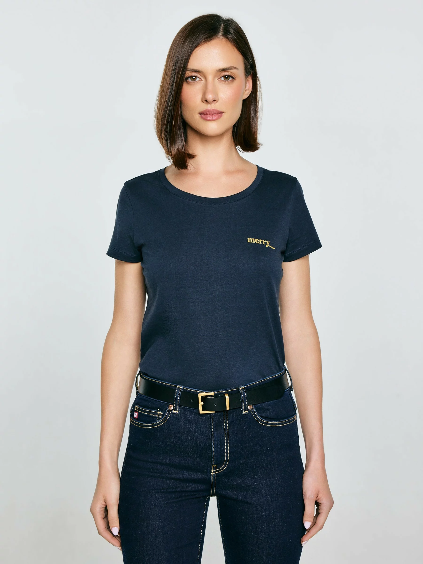 Koszulka damska z brokatowym nadrukiem granatowa Merra 403