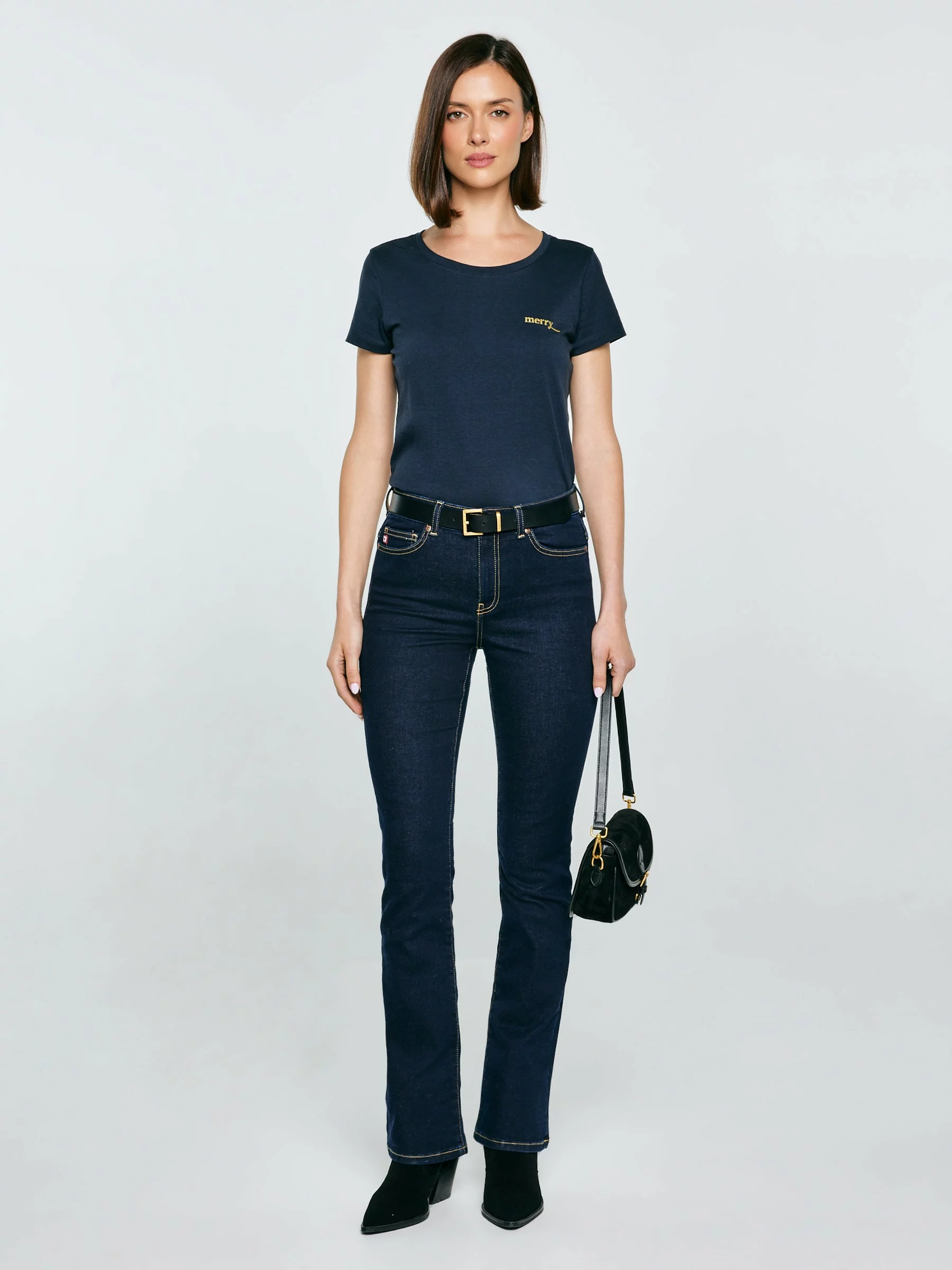 Koszulka damska z brokatowym nadrukiem granatowa Merra 403