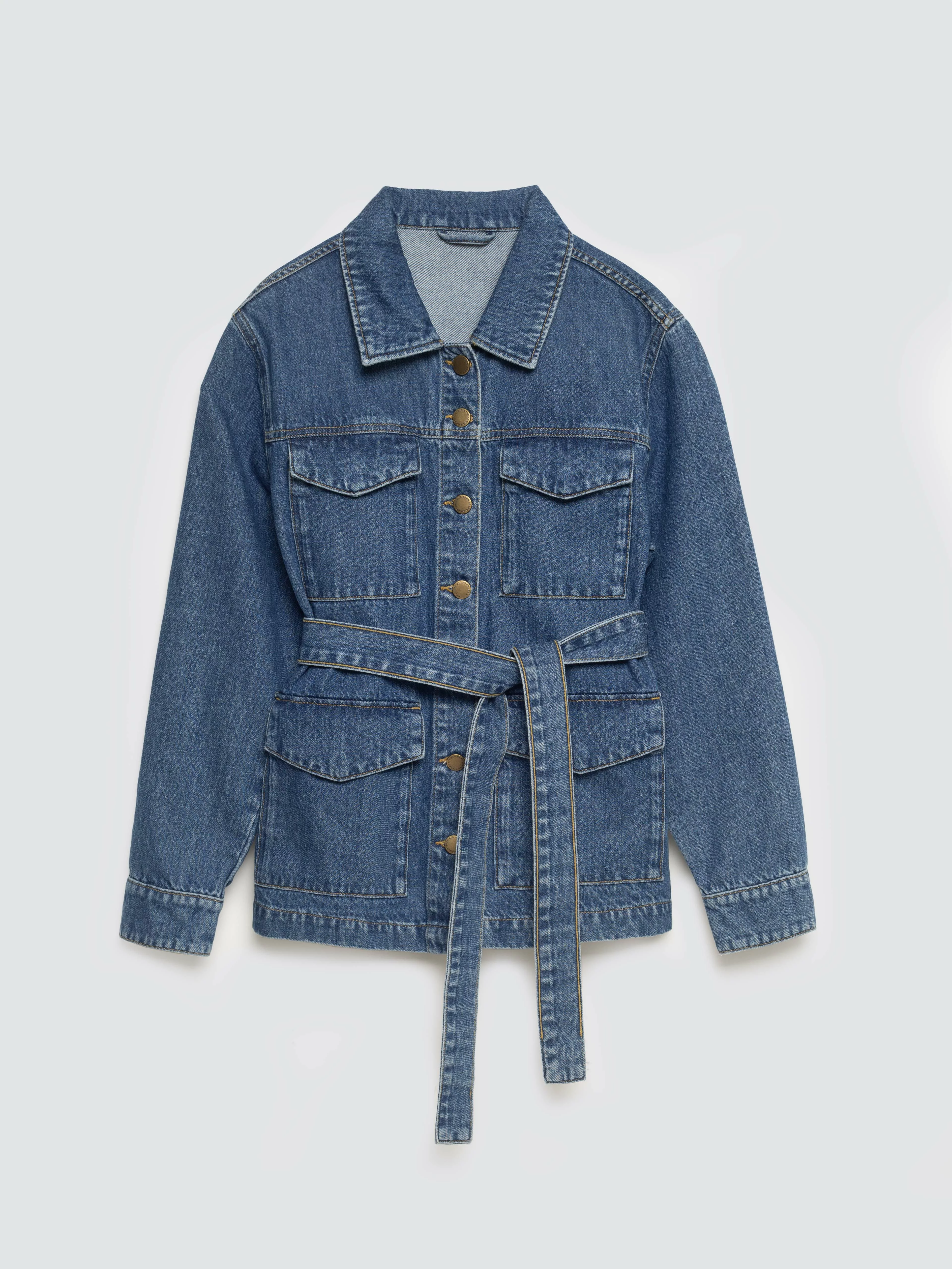 Kurtka damska jeansowa z wiązaniem w pasie niebieska Chelsey 379