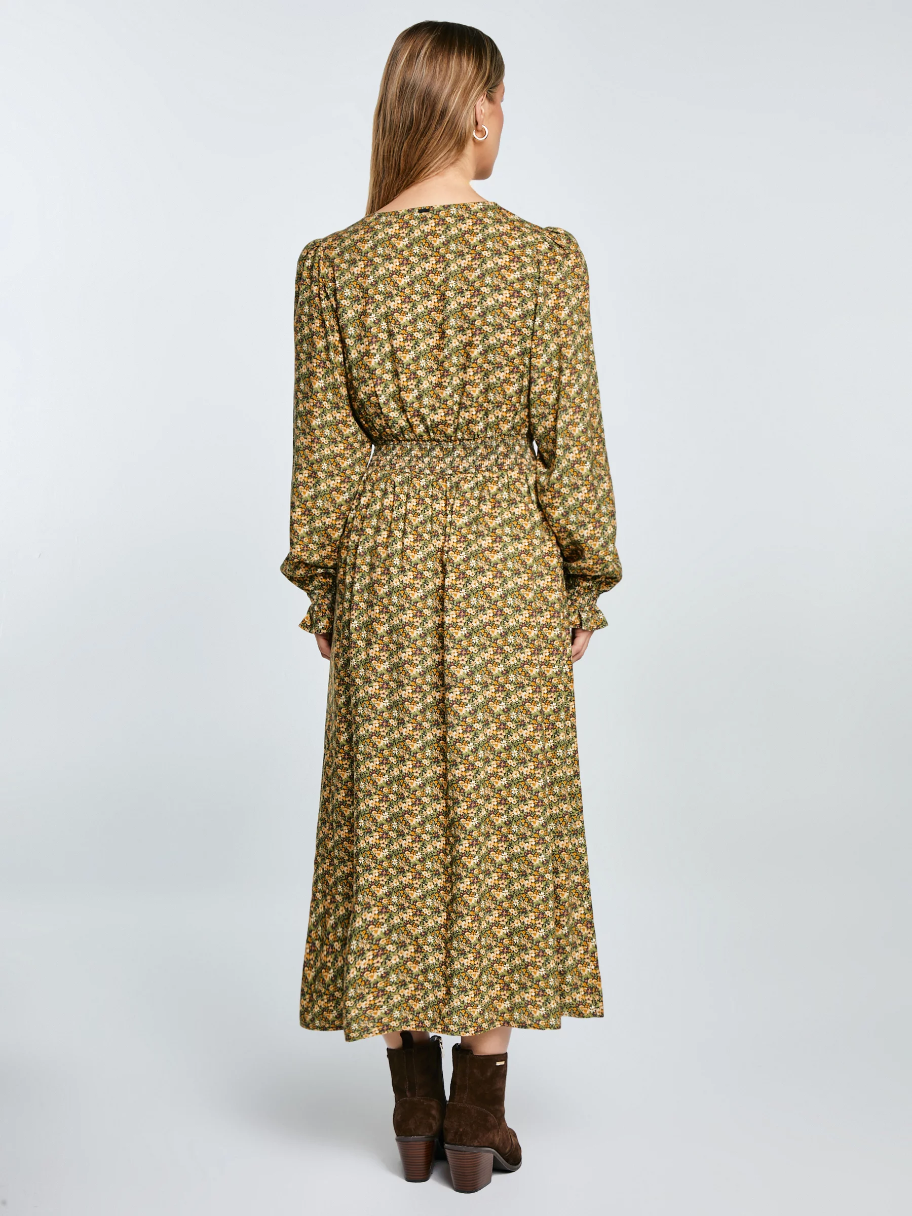 Sukienka damska midi z wiskozy z motywem kwiatowym żółta Londa 201