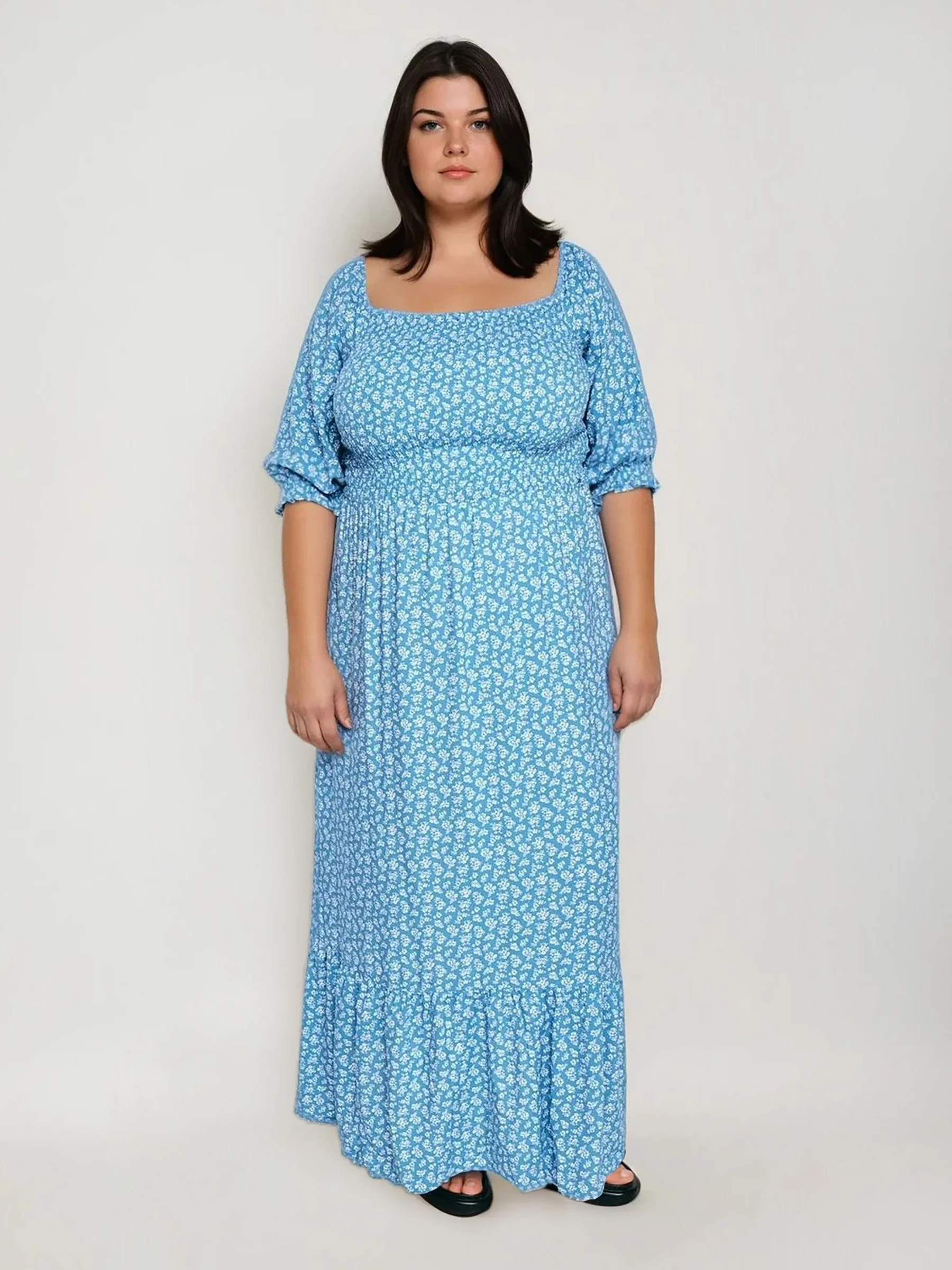 Sukienka damska maxi z motywem kwiatowym niebieska Dinova 402