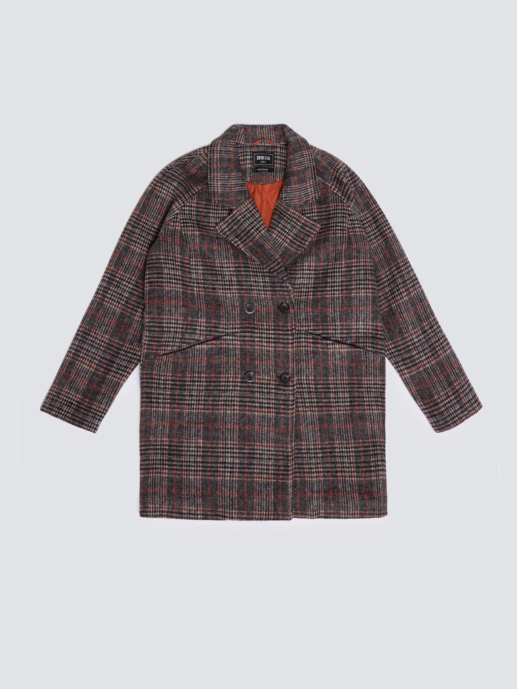 Płaszcz damski z dodatkiem wełny kratę szary Ariela 000