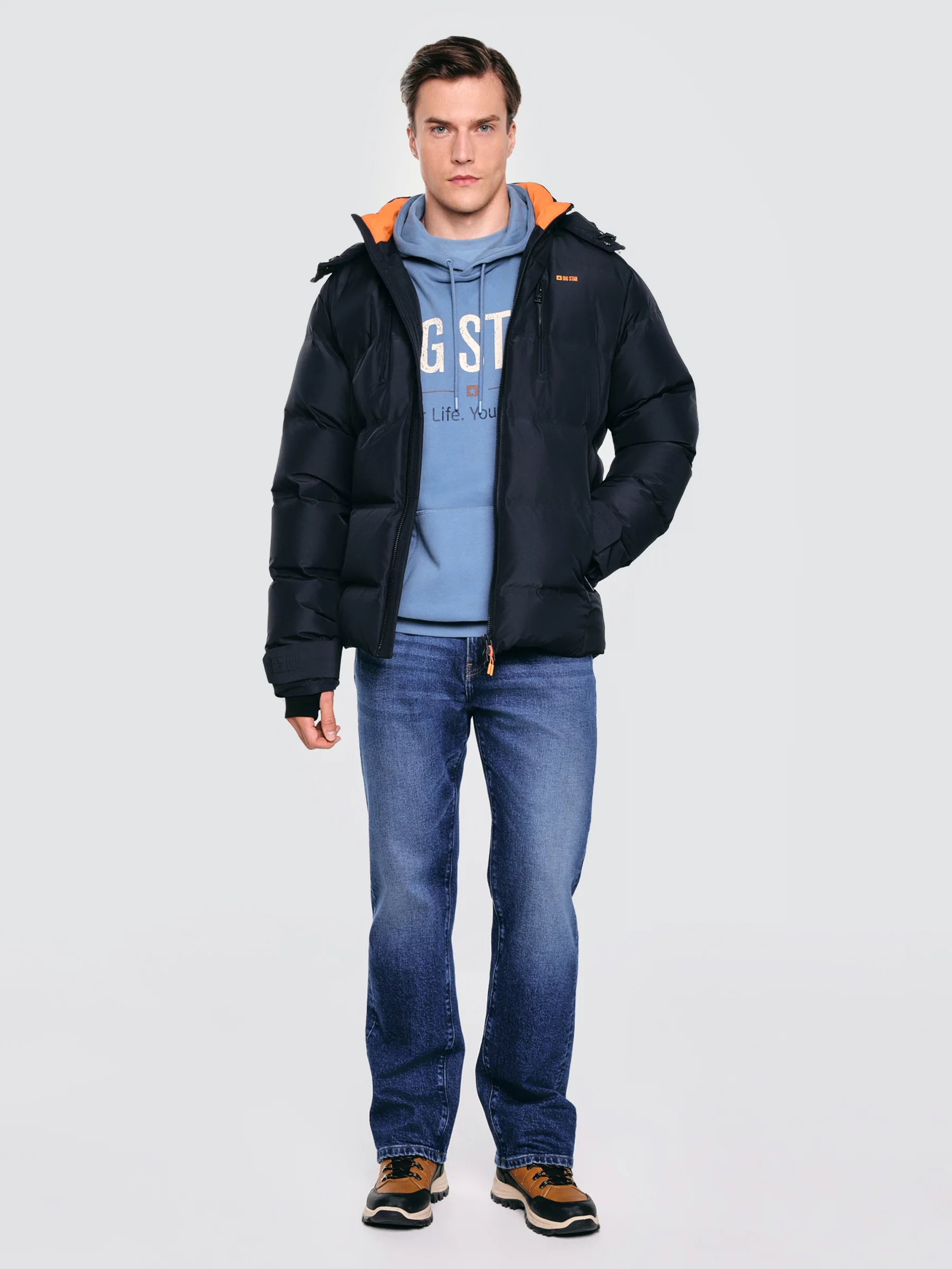 Kurtka męska puchowa z naturalnym wypełnieniem z kapturem granatowa Eurico 404