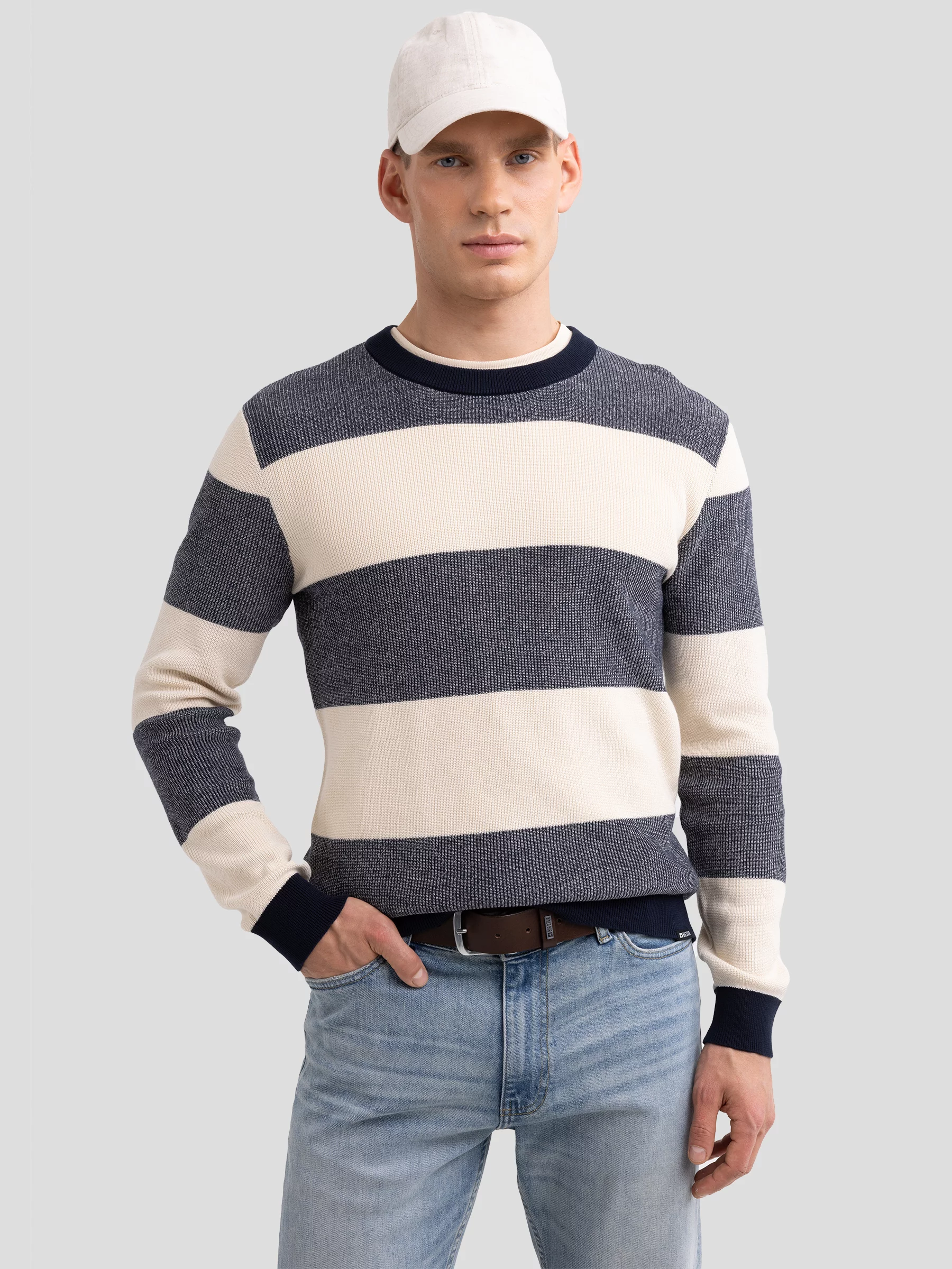 Sweter męski bawełniany w pasy beżowo-szare Pasador 000