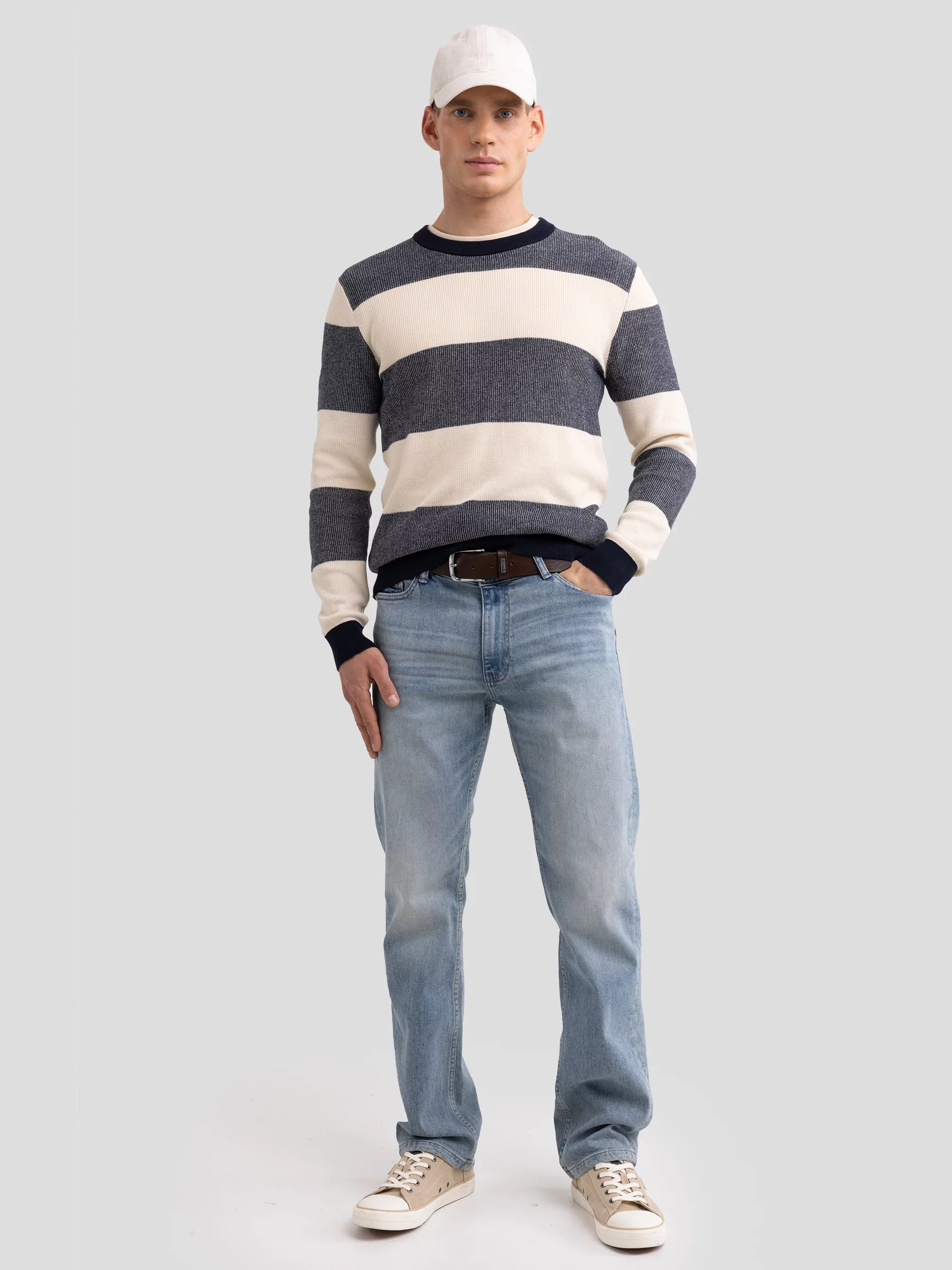 Sweter męski bawełniany w pasy beżowo-szare Pasador 000