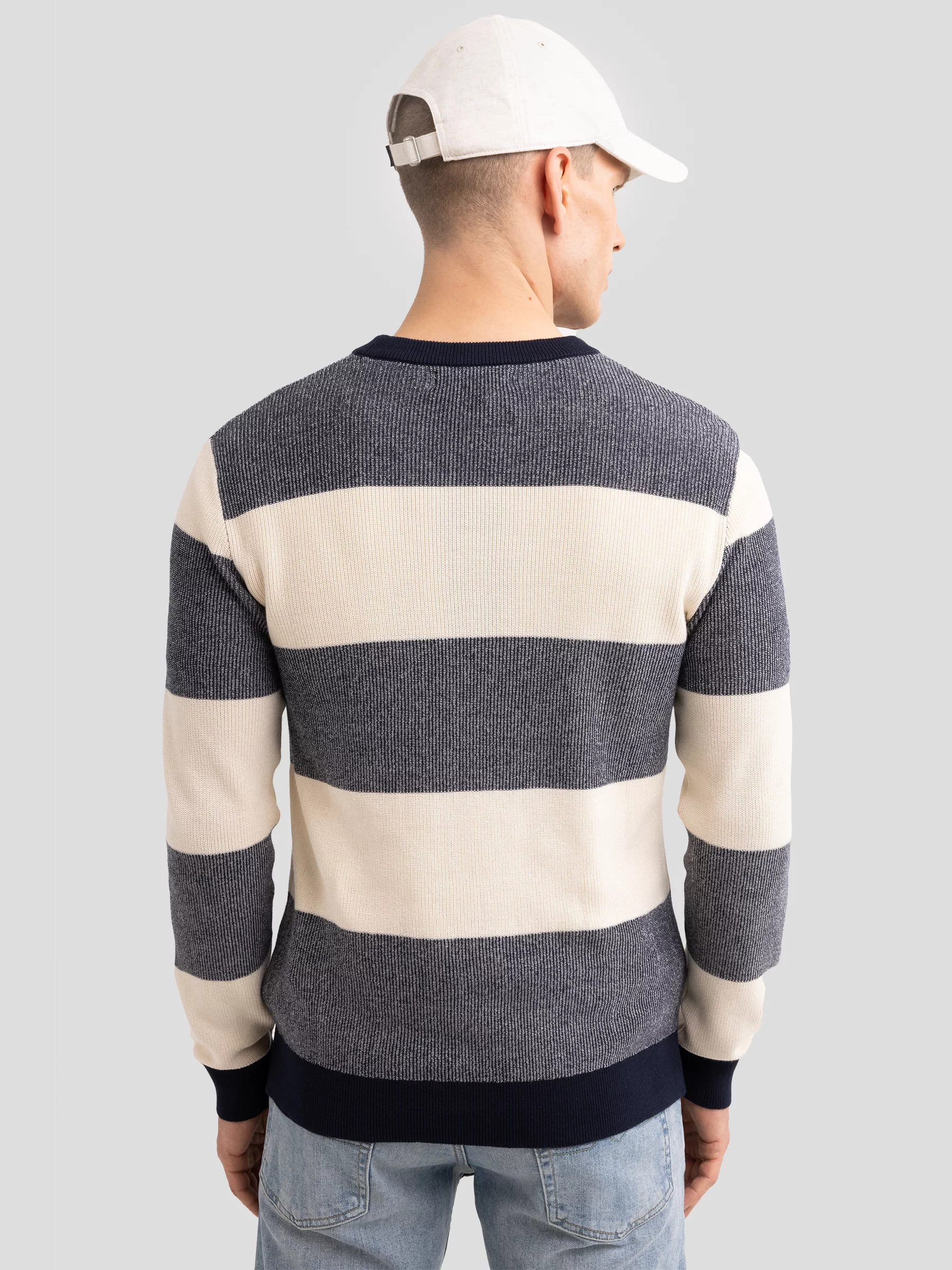 Sweter męski bawełniany w pasy beżowo-szare Pasador 000