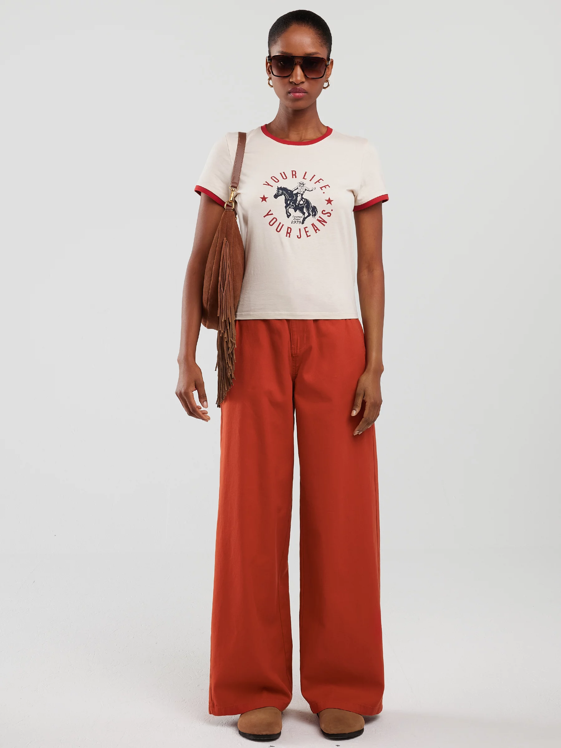 Spodnie damskie z szeroką nogawką z dodatkiem lnu ceglano-czerwone Malu 704