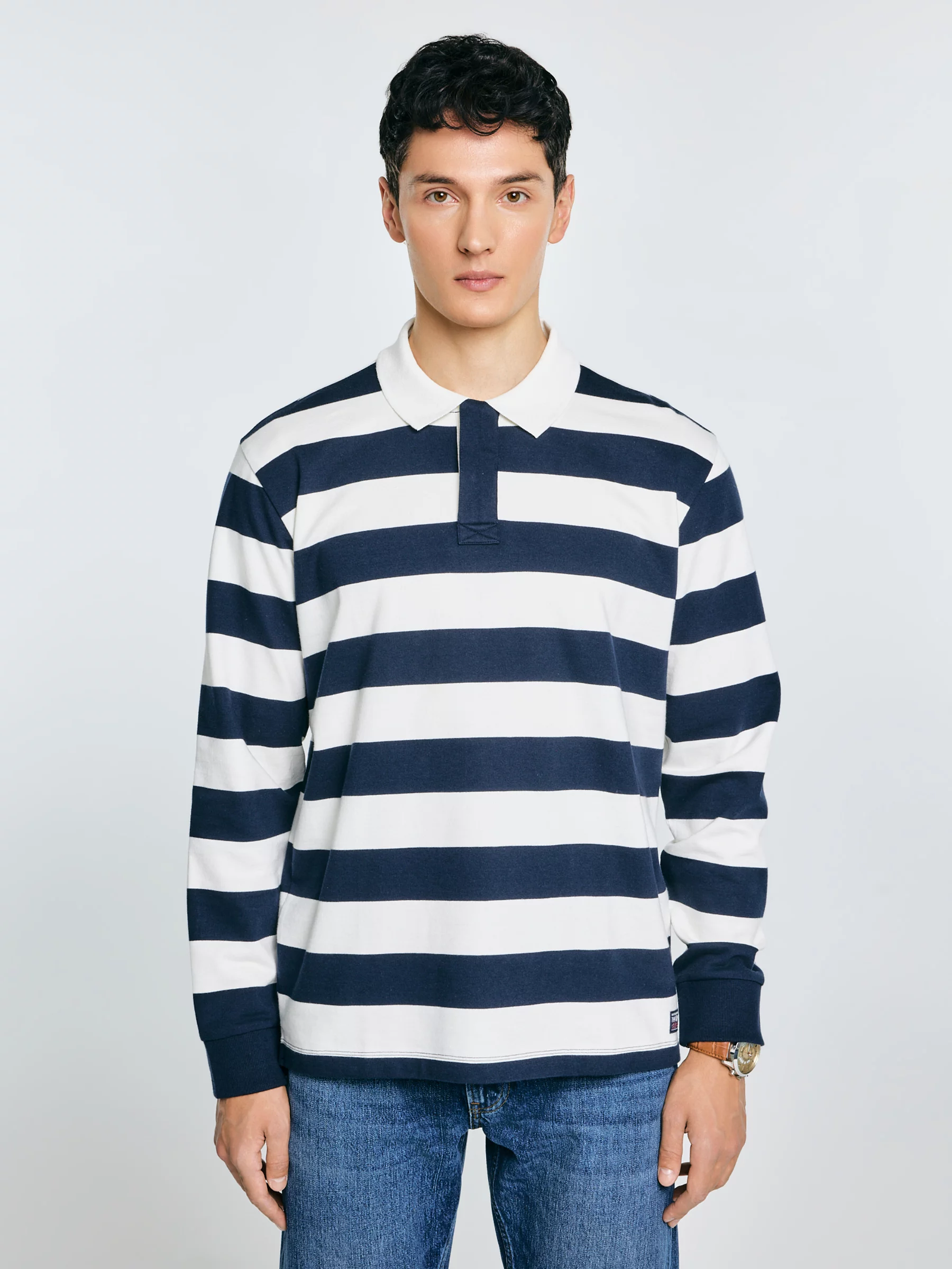 Koszulka męska polo z długim rękawem w pasy granatowo-białe Miker 100