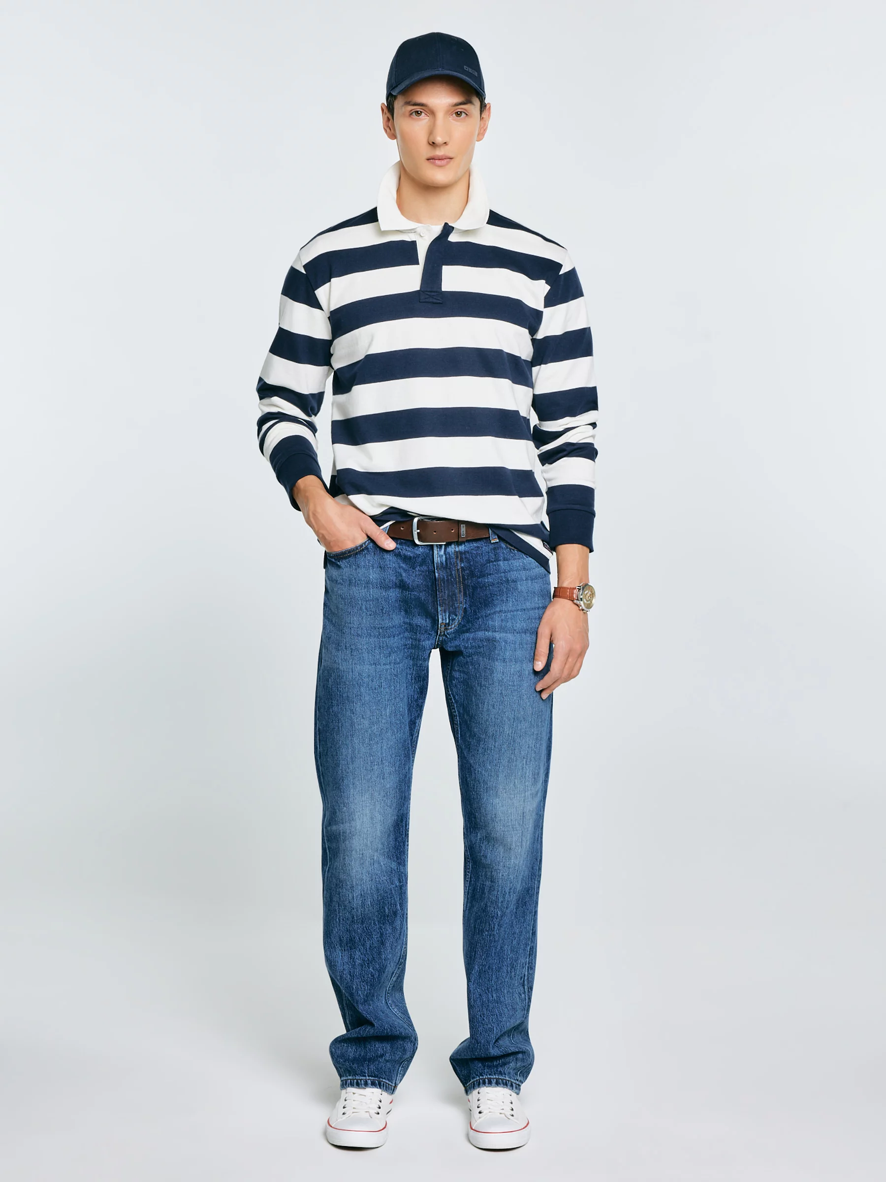 Koszulka męska polo z długim rękawem w pasy granatowo-białe Miker 100