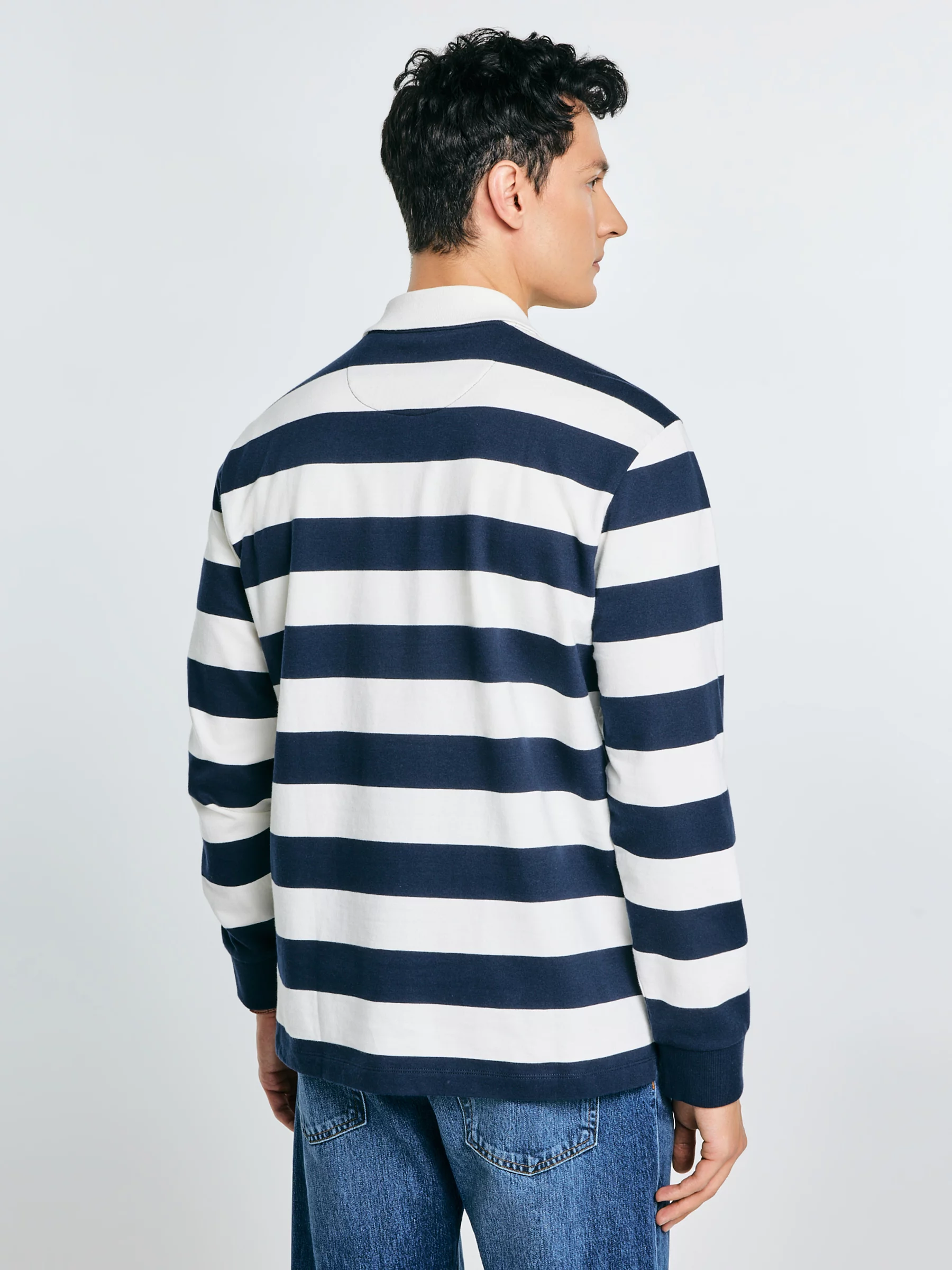 Koszulka męska polo z długim rękawem w pasy granatowo-białe Miker 100