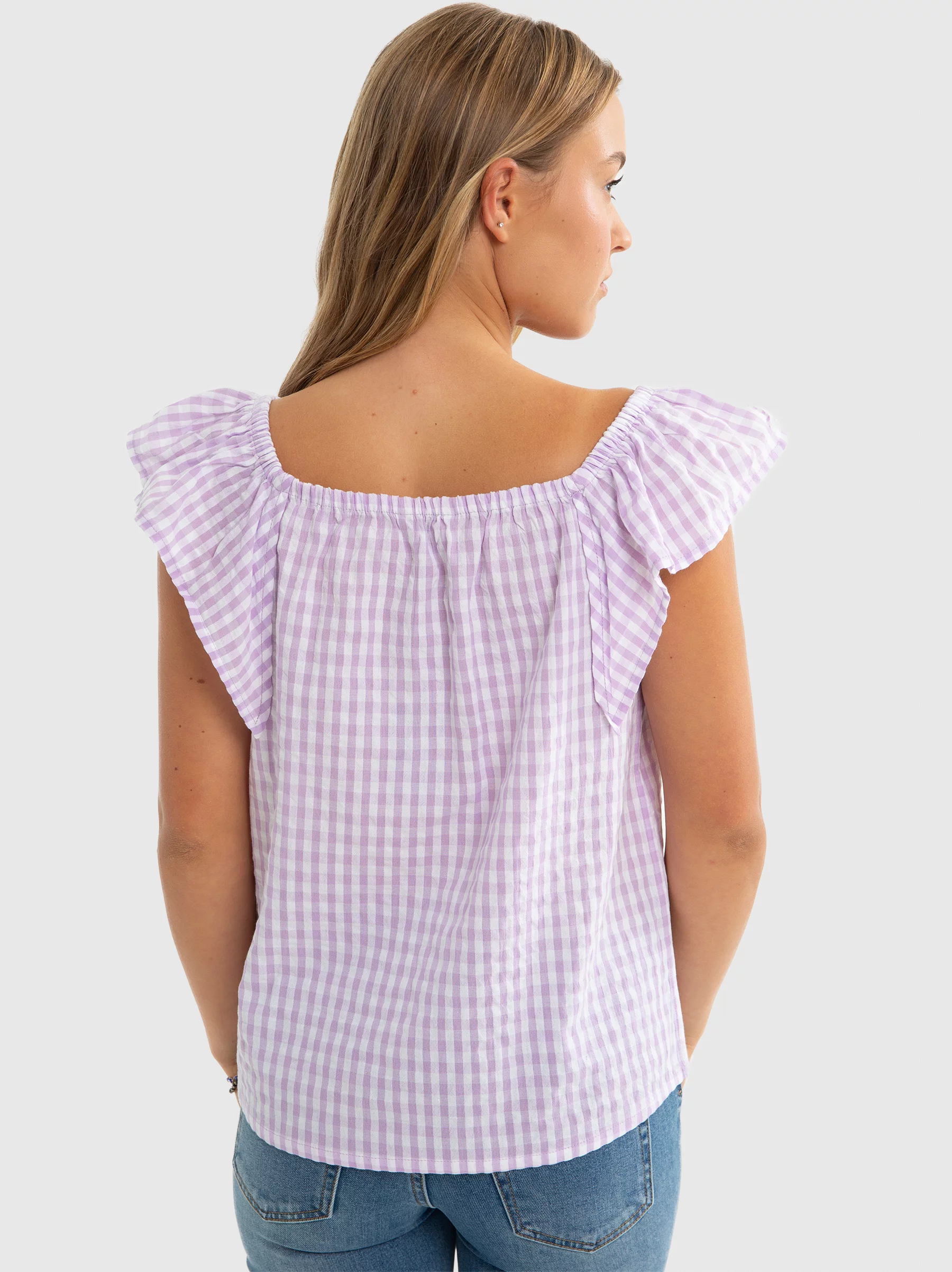 Bluzka dziewczęca ze strukturalnej tkaniny w kratkę fioletowa Kinga 500