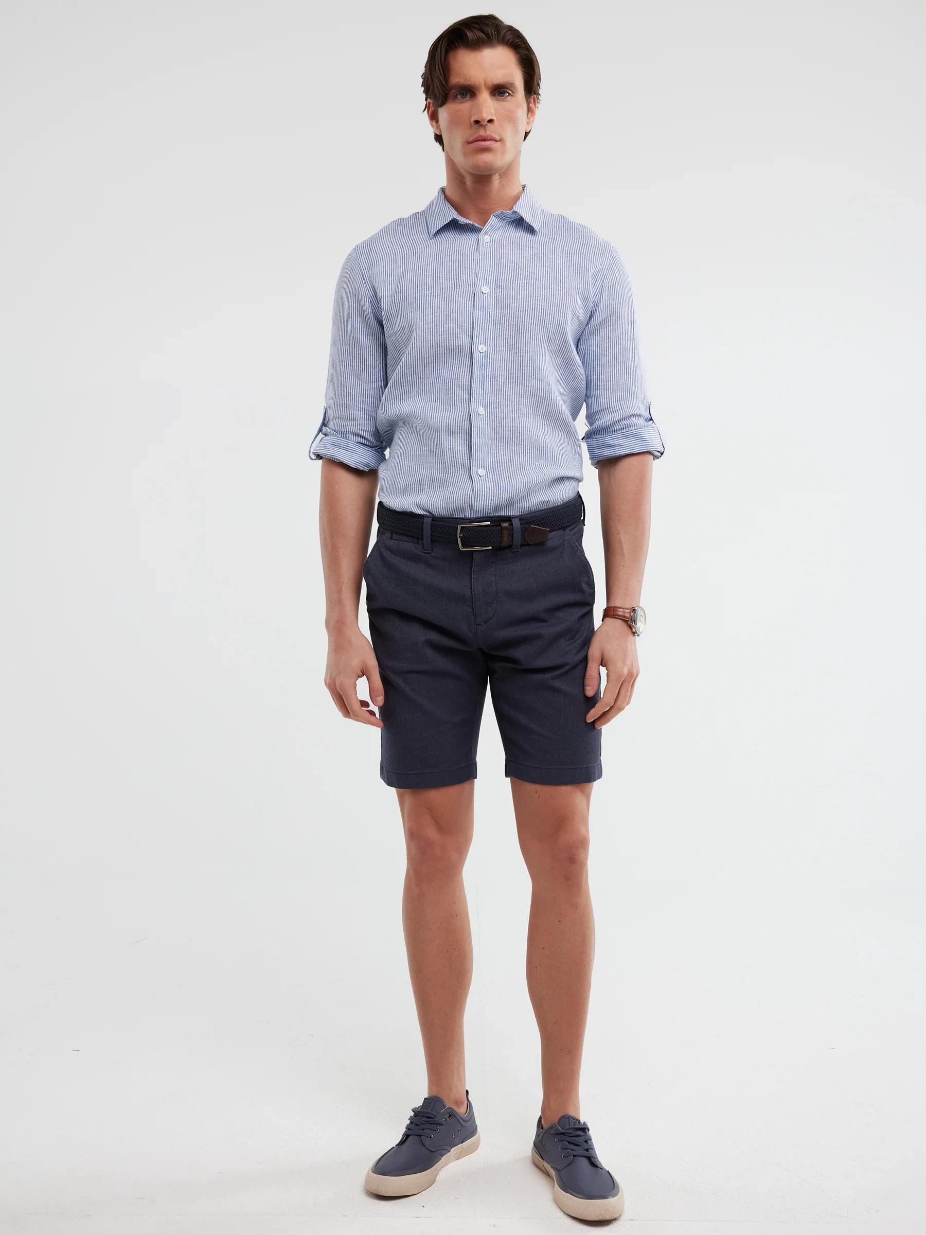 Lniana koszula męska w prążek niebieska Malekiwo 402