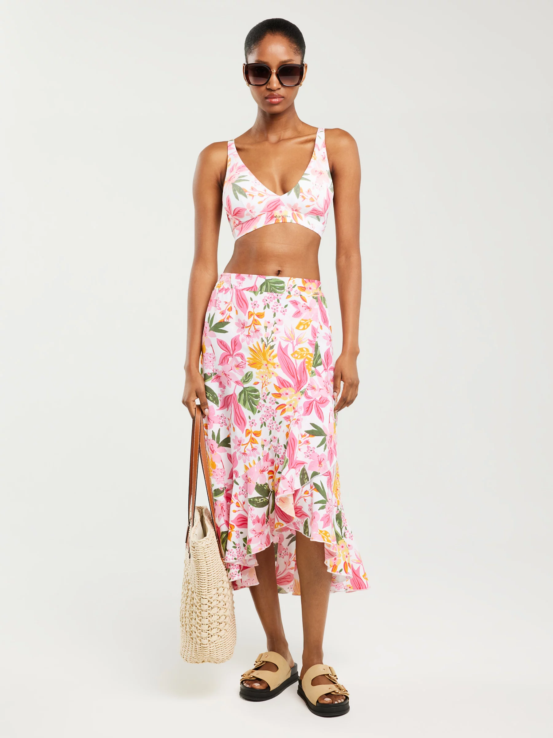 Spódnica damska midi z wiskozy z falbaną w kwiaty Tyla 000