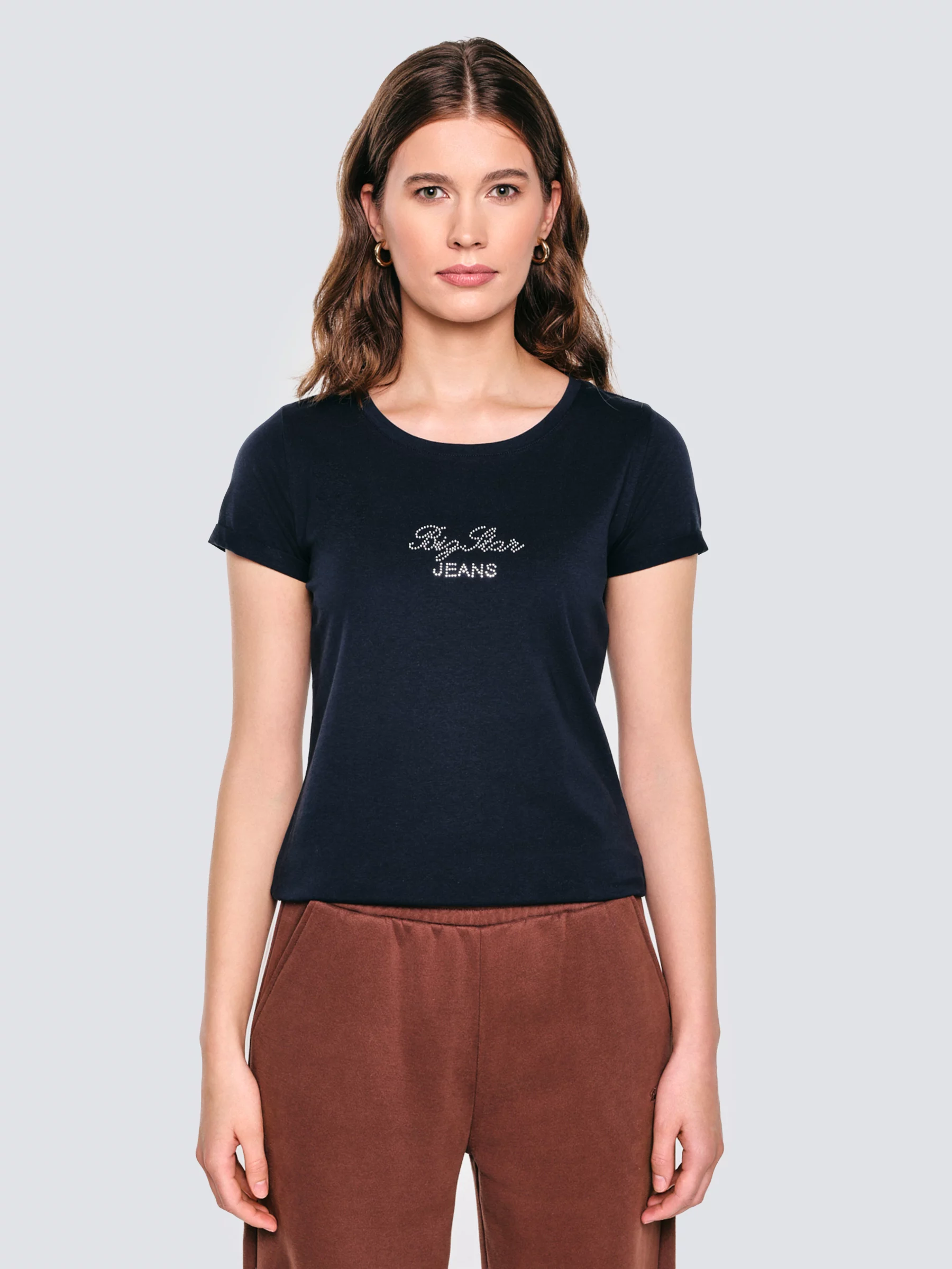 Koszulka damska z napisem z cyrkonii granatowa Malvina 403