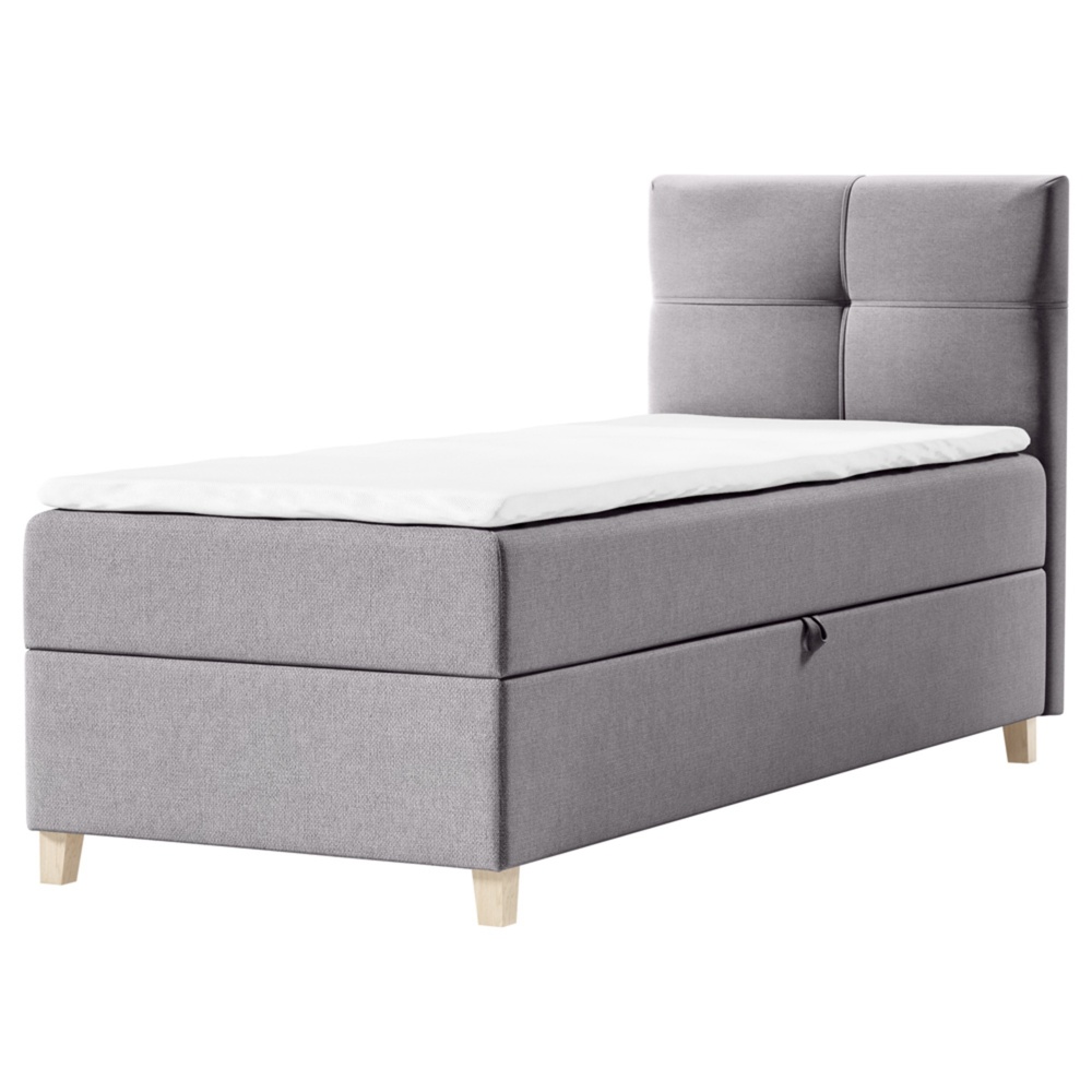 SELSEY Łóżko kontynentalne 100x200 cm Firmini z pojemnikiem i topperem jednoosobowe szare welur prawostronne