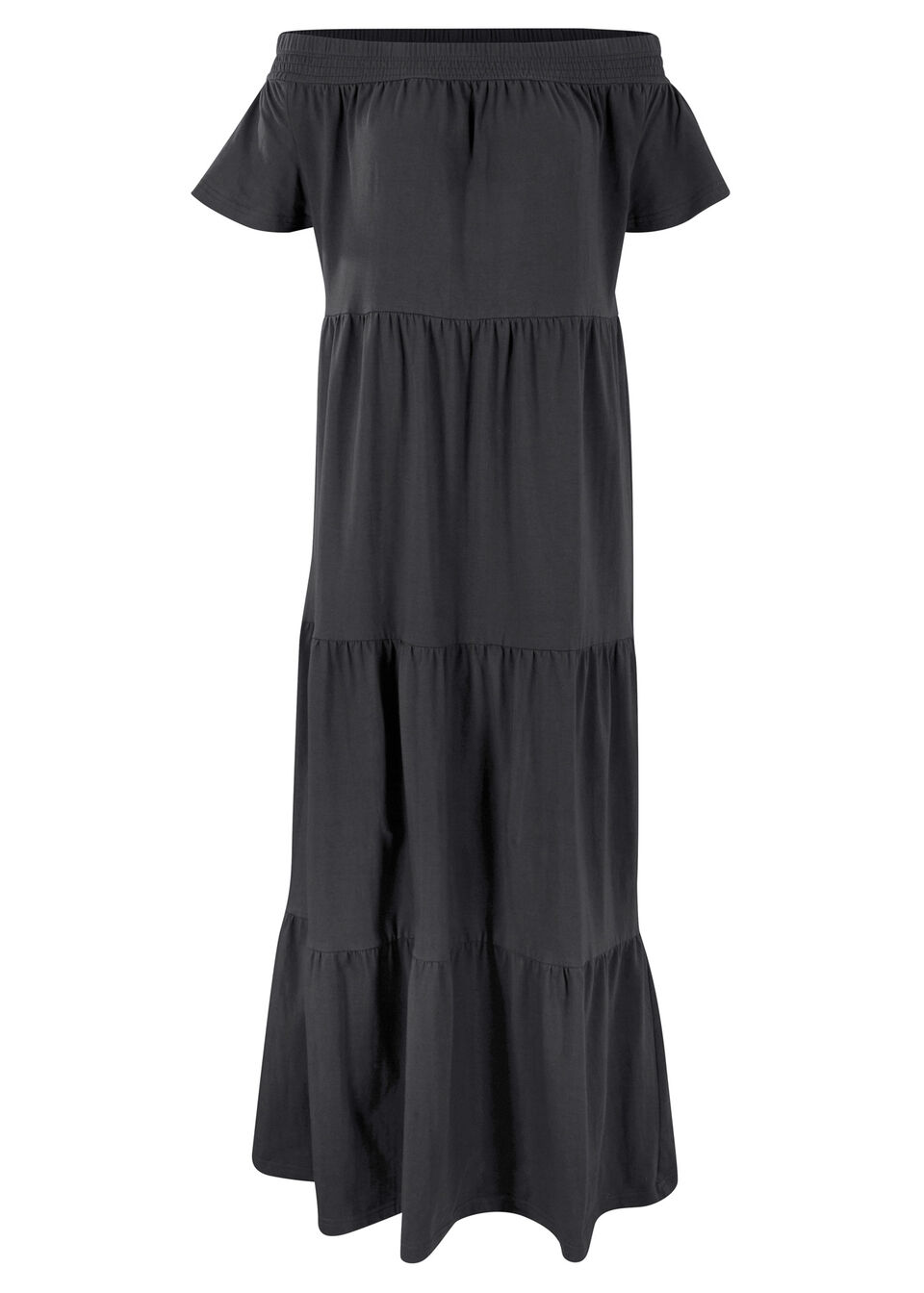 Sukienka Długa sukienka z dżerseju z bawełny, z falbanami i dekoltem carmen bonprix czarny