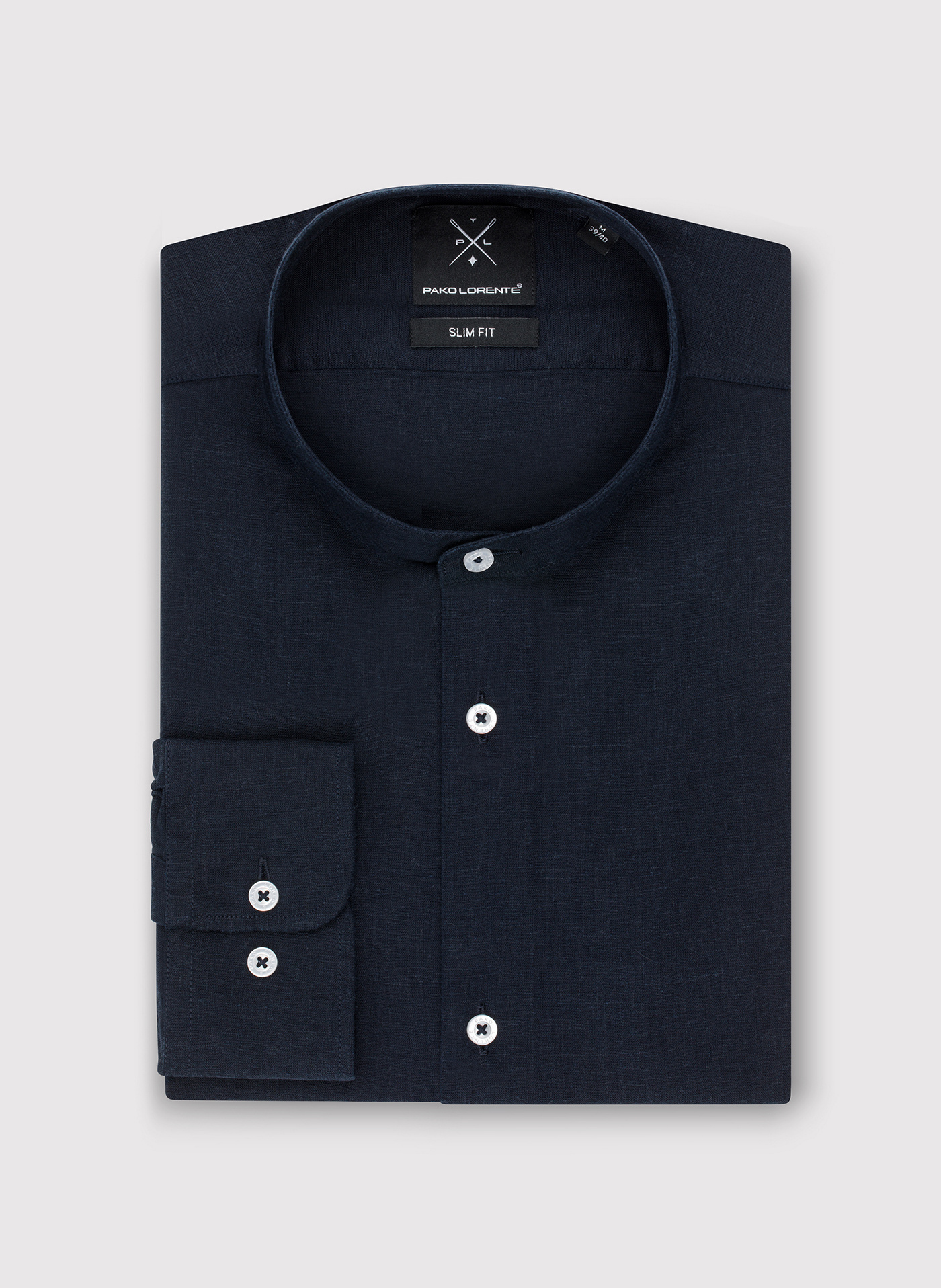 Lniana granatowa koszula męska ze stójką - Pako Lorente
