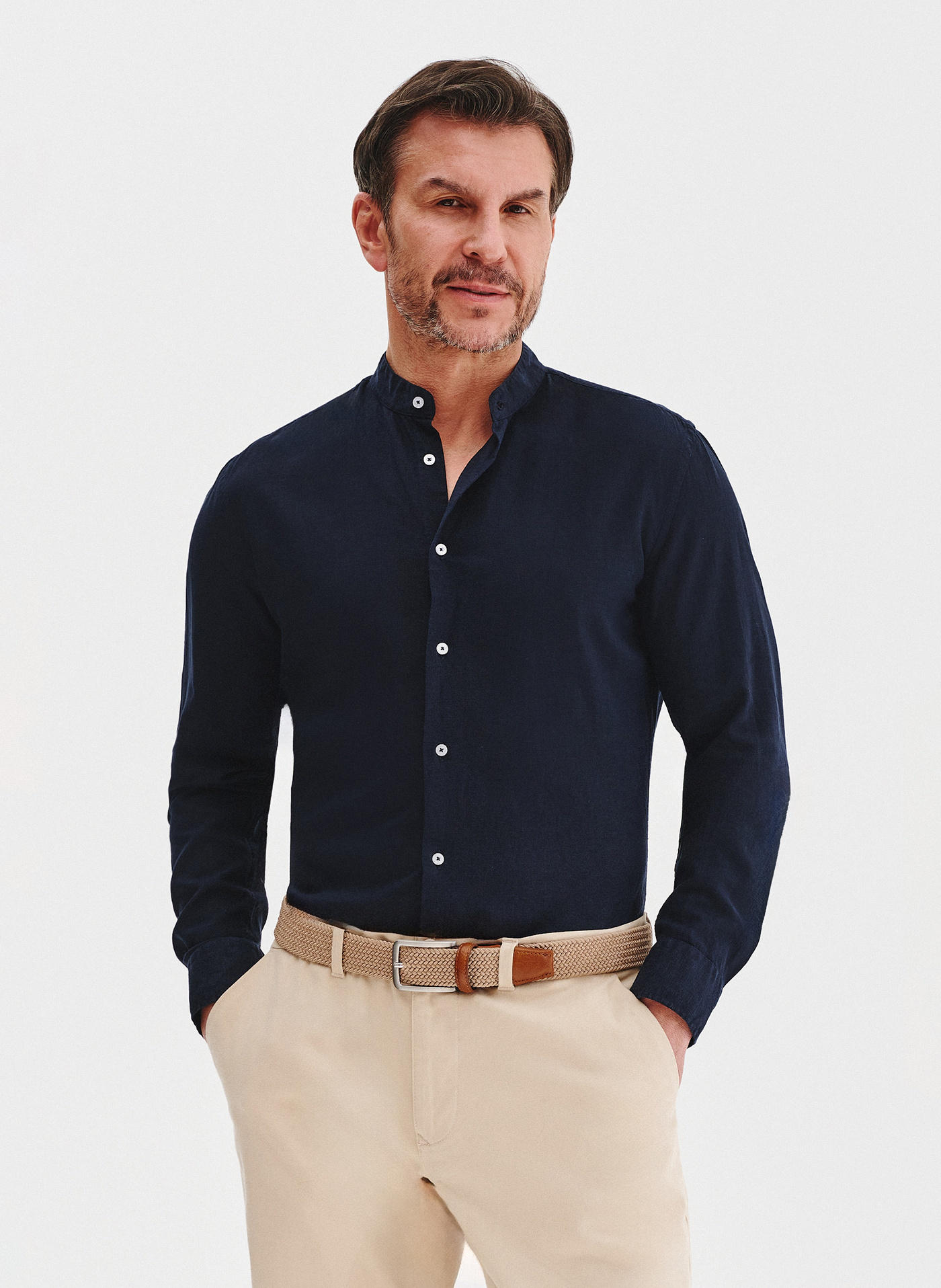 Lniana granatowa koszula męska ze stójką - Pako Lorente