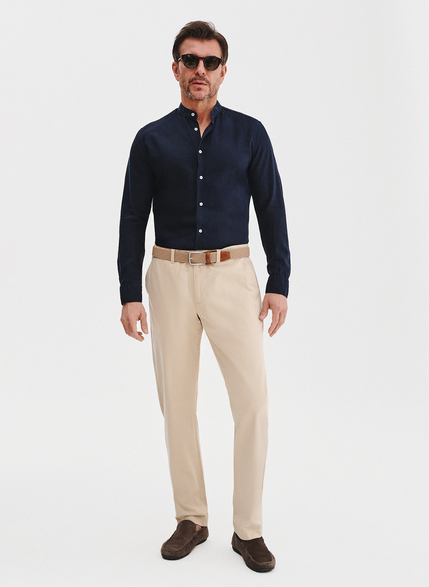 Lniana granatowa koszula męska ze stójką - Pako Lorente