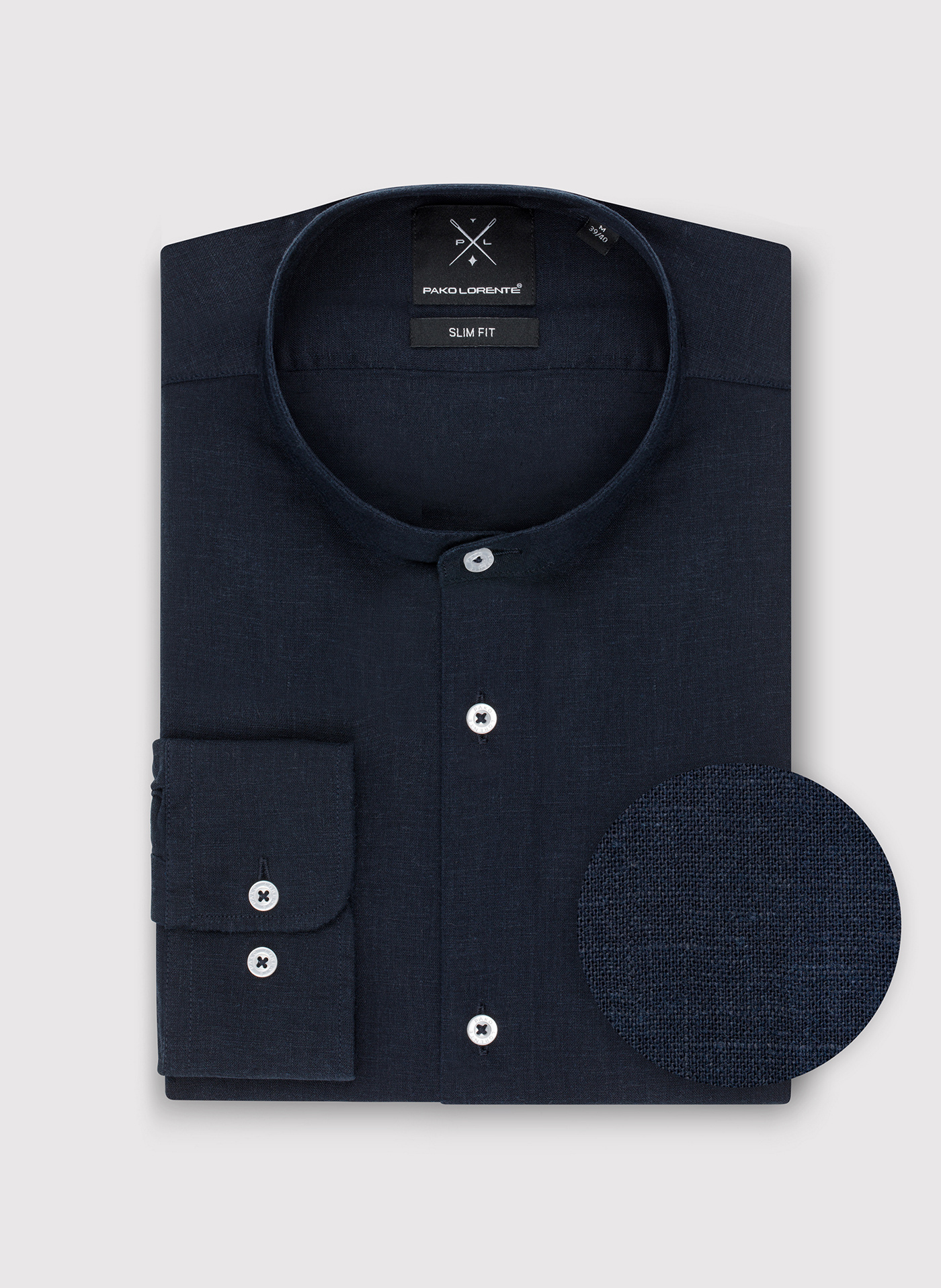 Lniana granatowa koszula męska ze stójką - Pako Lorente