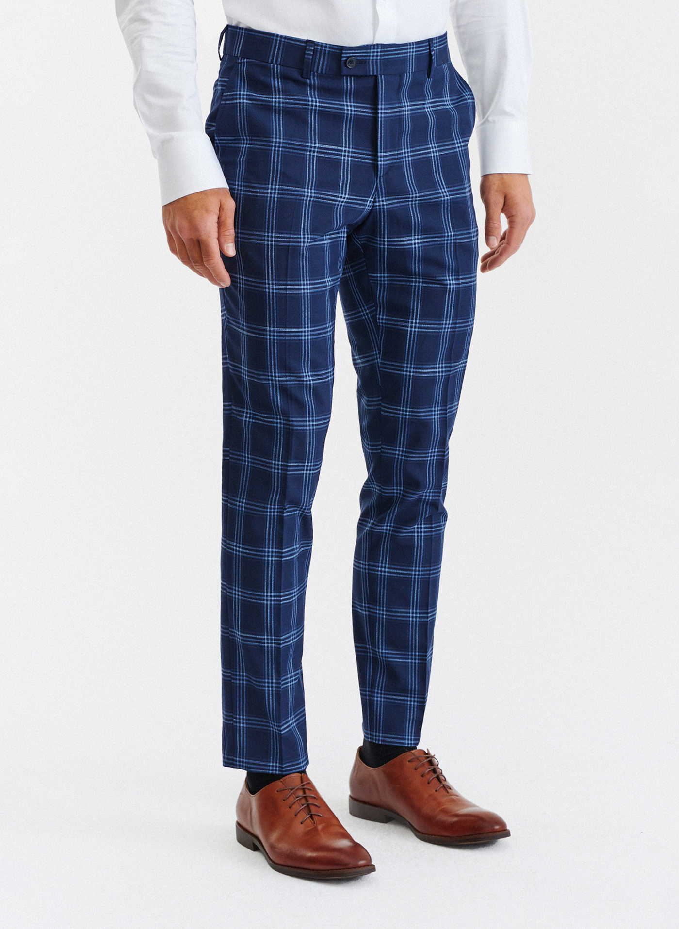 Granatowe spodnie garniturowe w niebieską kratę - Pako Lorente