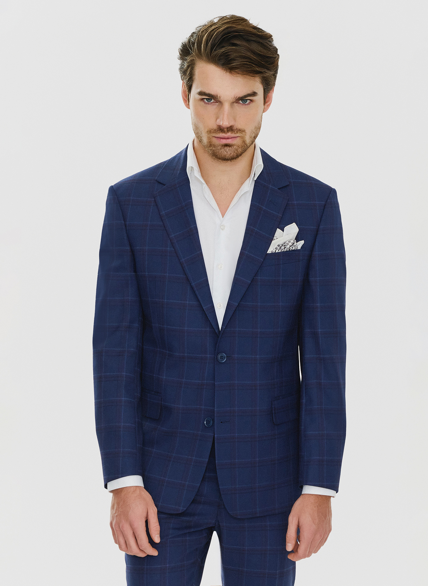 Granatowa marynarka garniturowa w czerwono-niebieską kratkę - Pako Lorente