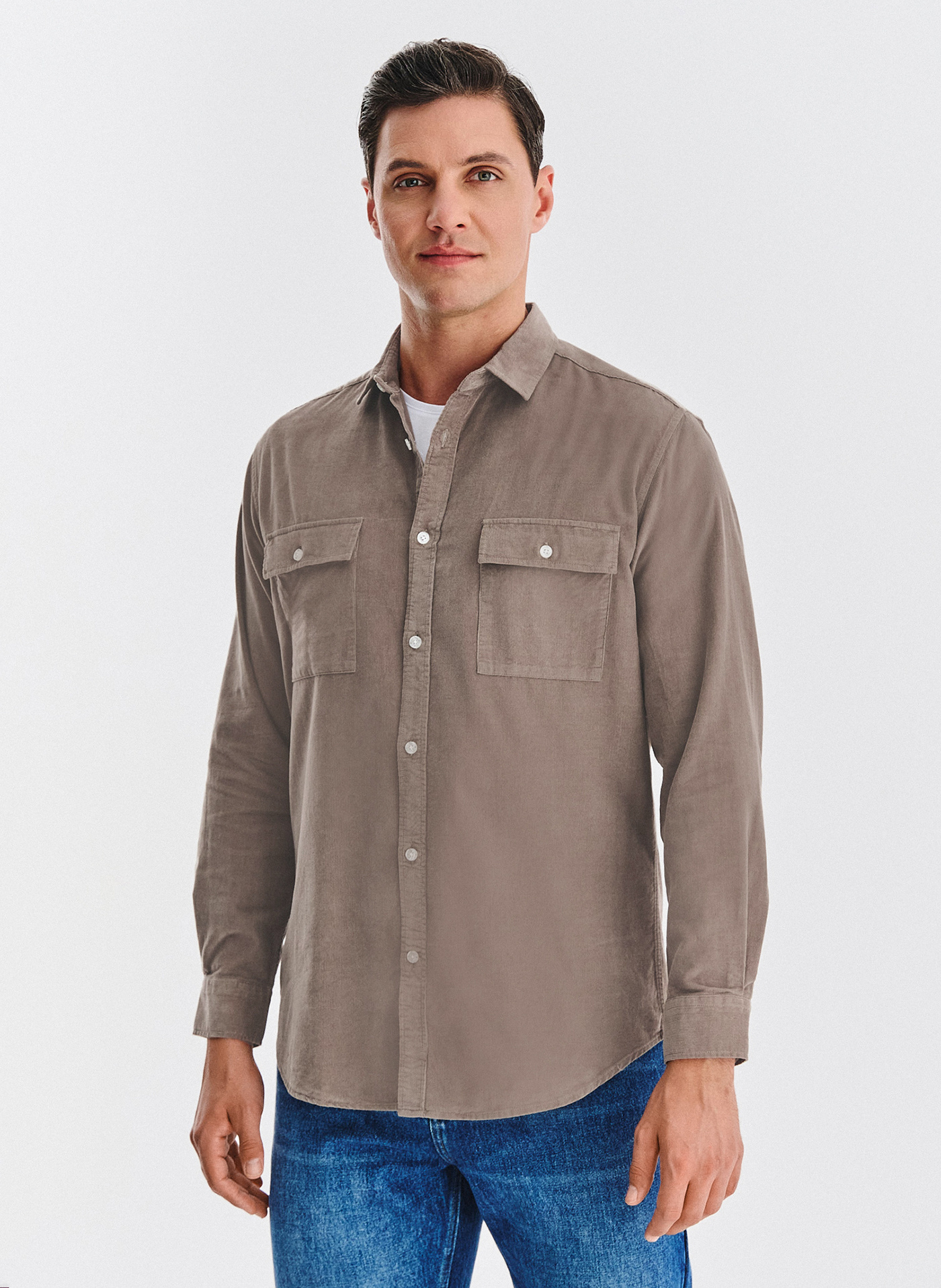 PAKO LORENTE - Brązowa koszula sztruksowa z kieszeniami na piersi - Pako Lorente